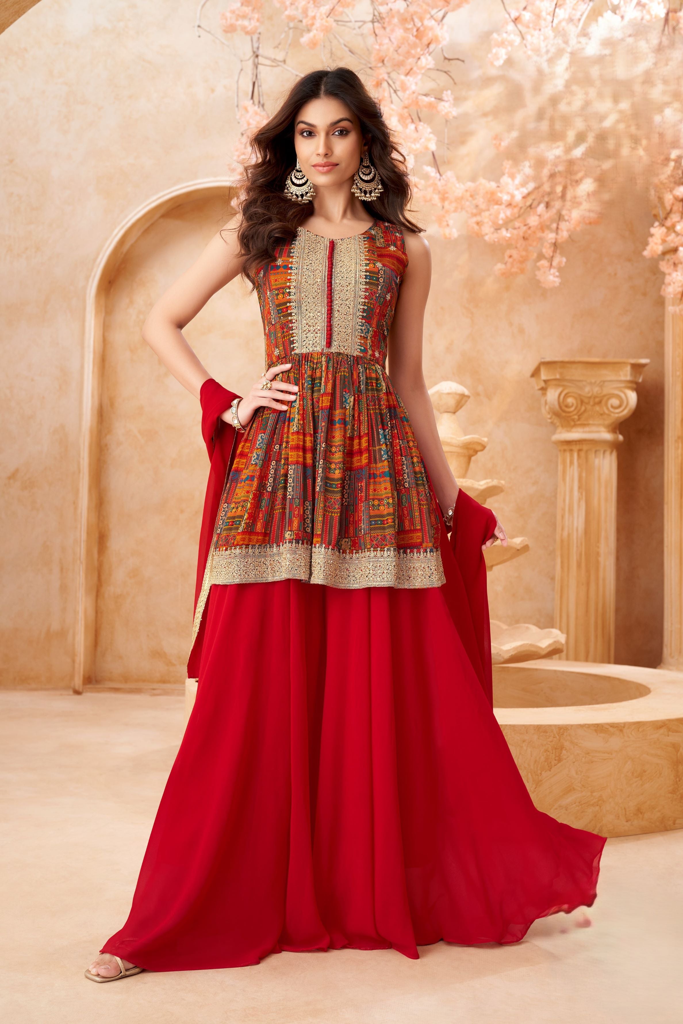 Red Traditional Printed Georgette Silk Palazzo Set