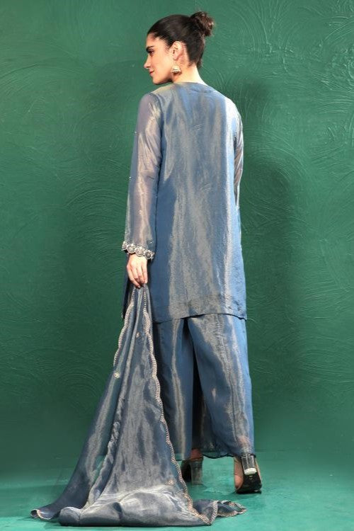 Blue Embroidered Shimmer Tissue Palazzo Set