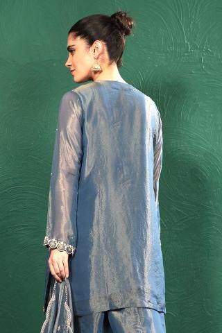 Blue Embroidered Shimmer Tissue Palazzo Set
