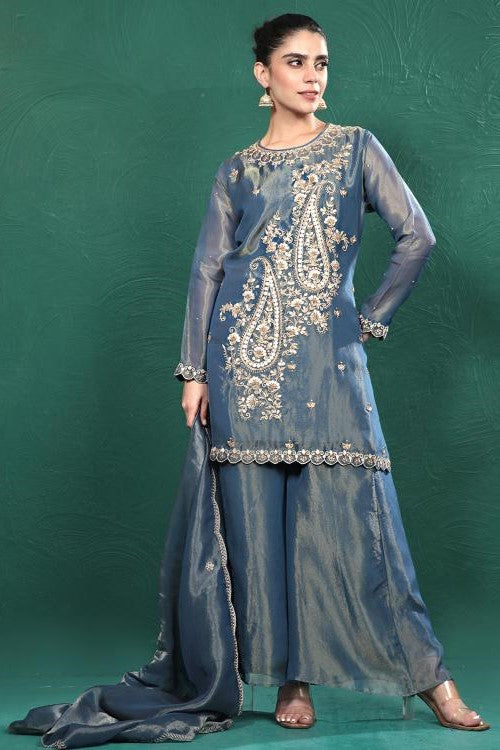 Blue Embroidered Shimmer Tissue Palazzo Set