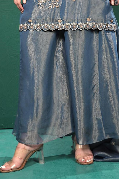 Blue Embroidered Shimmer Tissue Palazzo Set