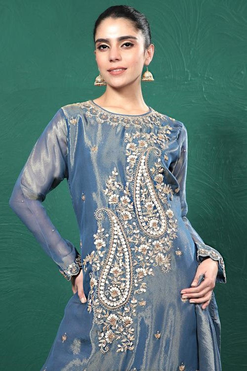 Blue Embroidered Shimmer Tissue Palazzo Set