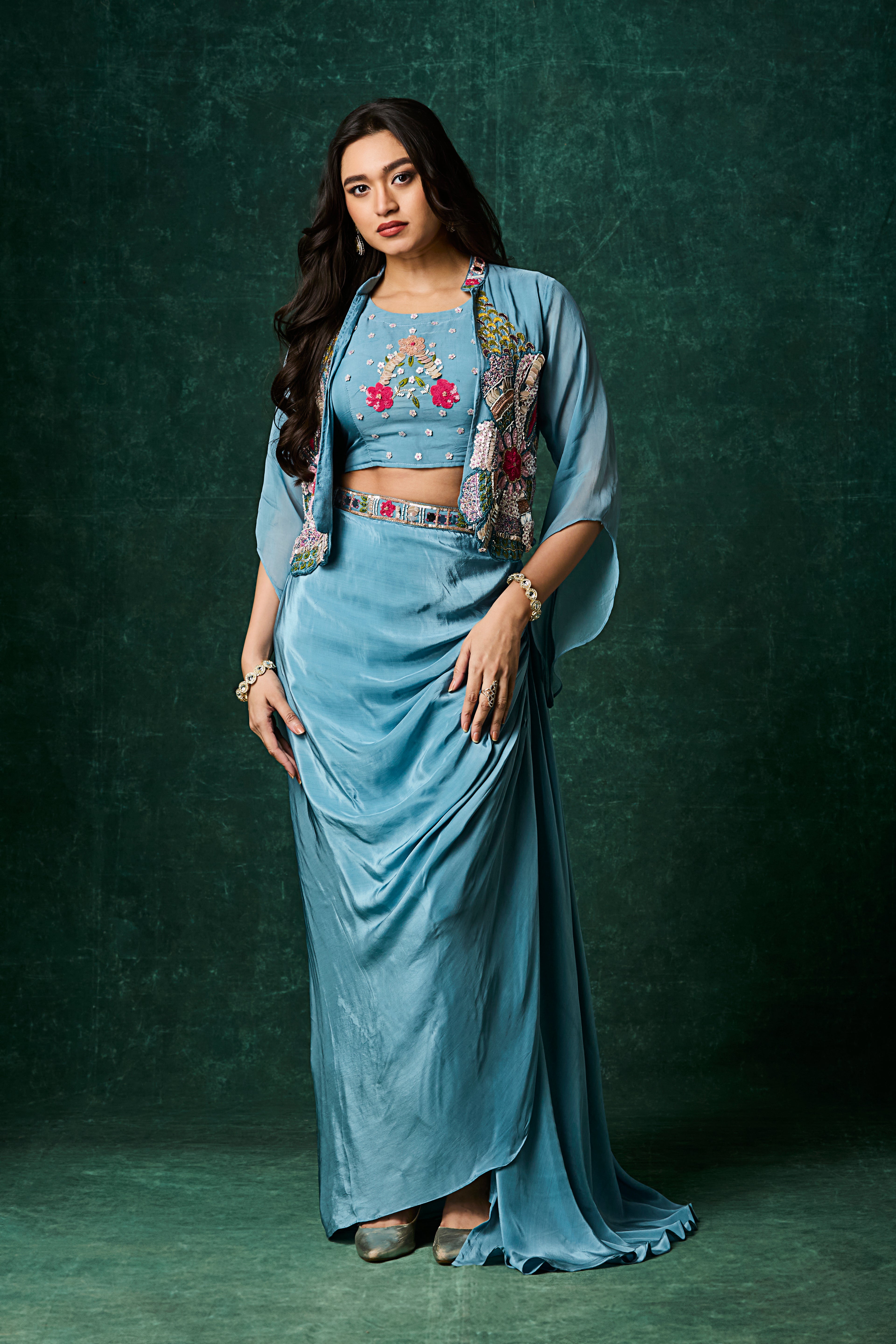 Ocean Blue Embellished Crepe Silk Skirt Set