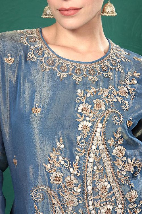 Blue Embroidered Shimmer Tissue Palazzo Set