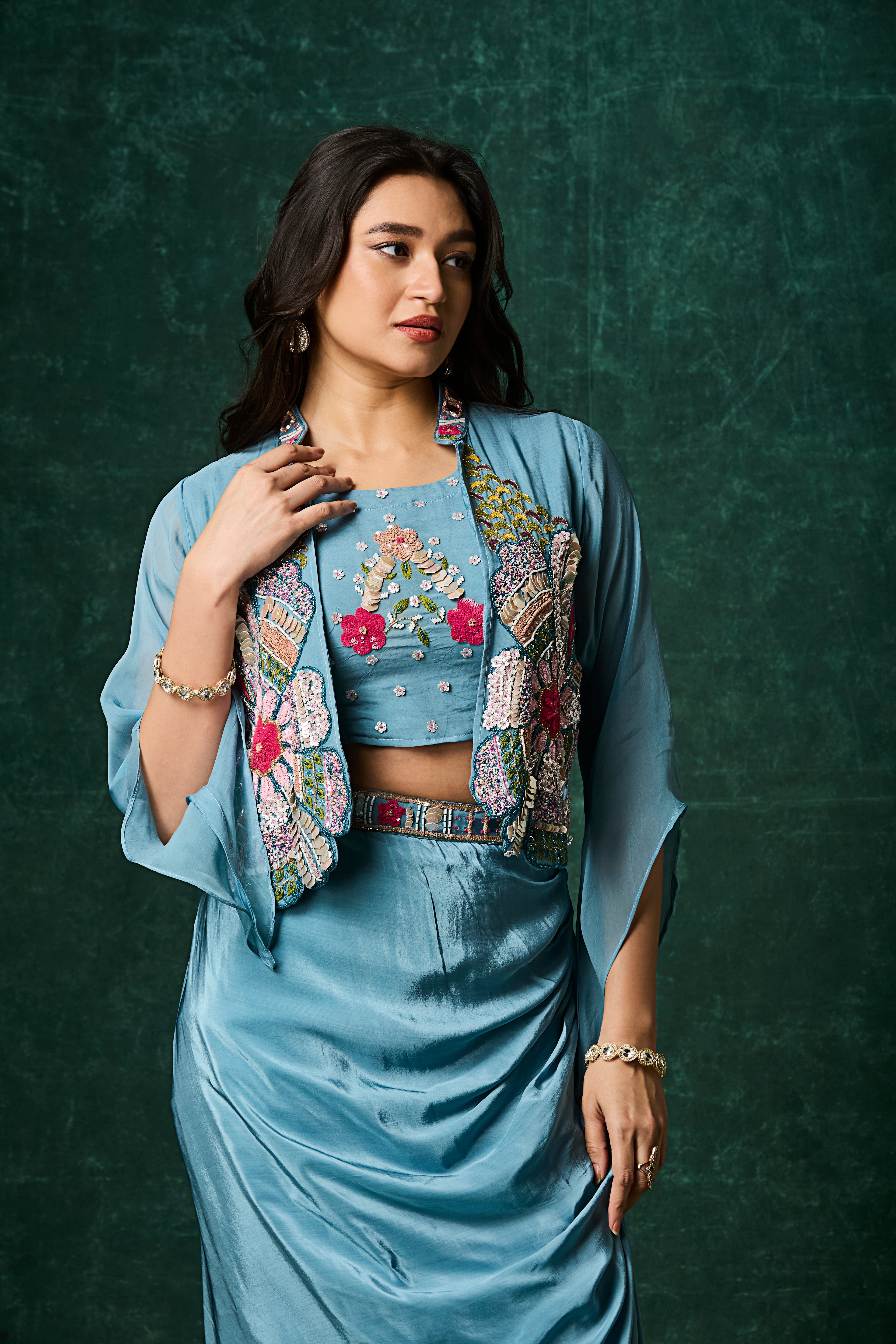 Ocean Blue Embellished Crepe Silk Skirt Set