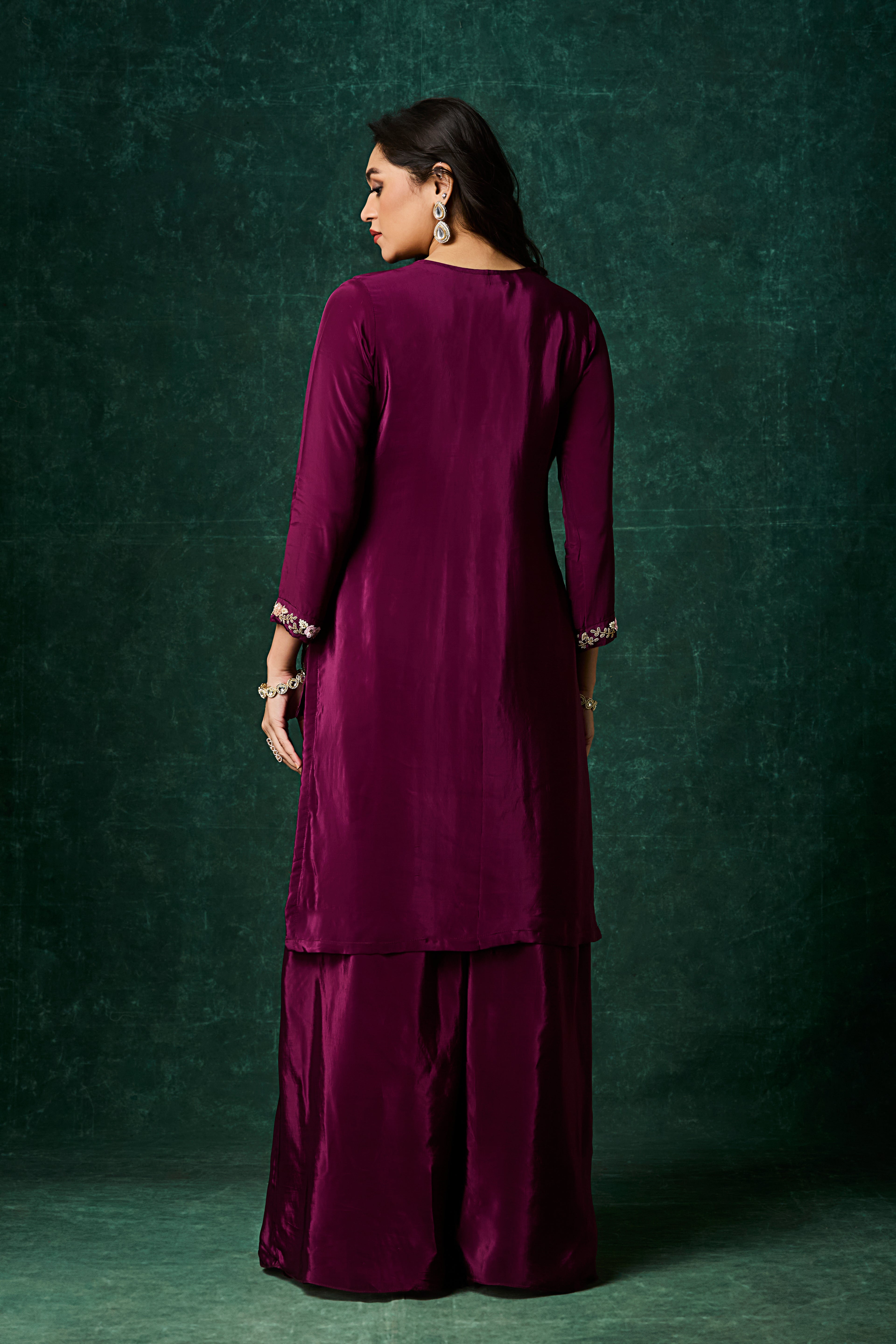 Wine Purple Embellished Crepe Silk Skirt Set