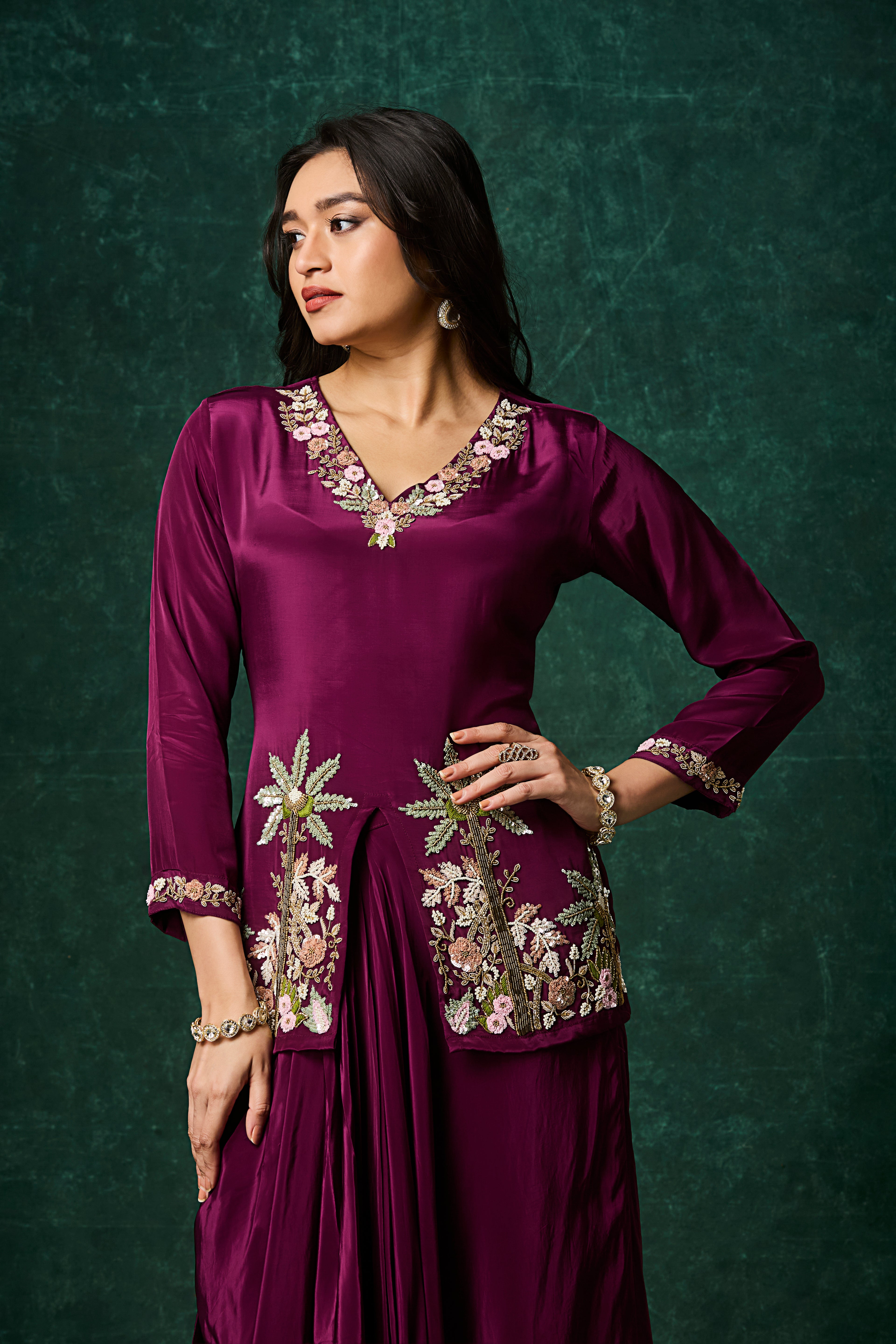 Wine Purple Embellished Crepe Silk Skirt Set