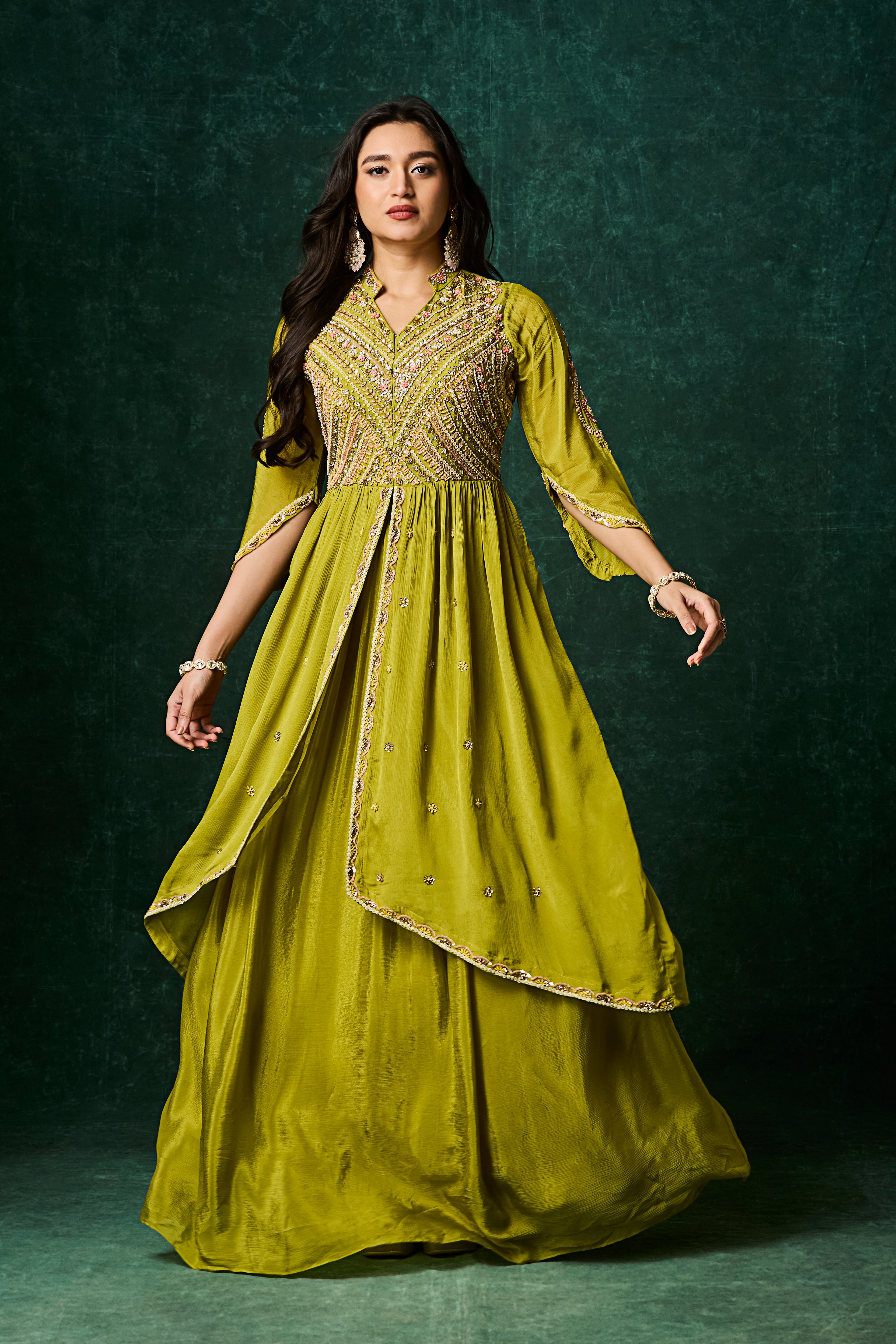 Pear Green Embellished Chinon Silk Skirt Set