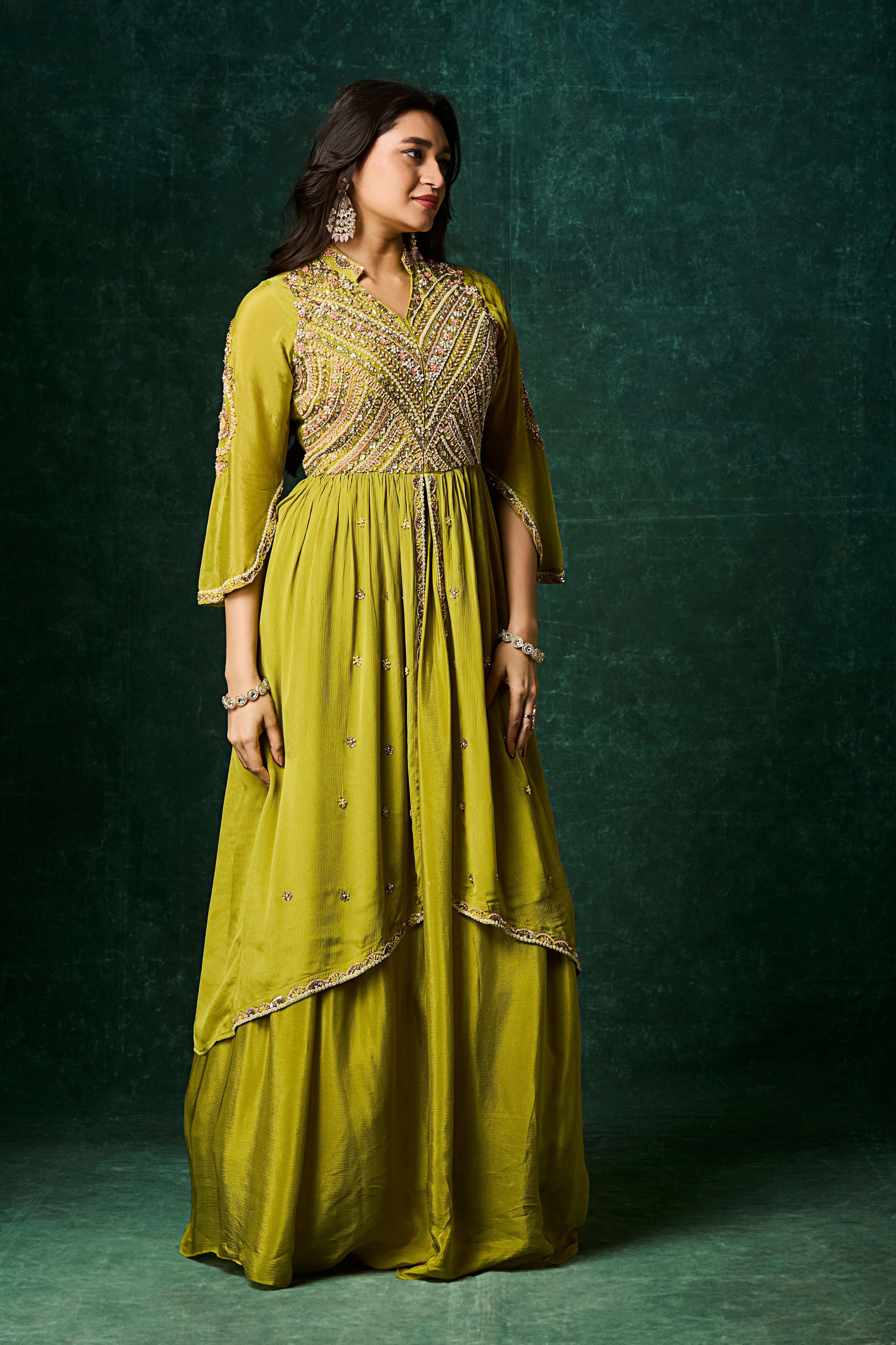 Pear Green Embellished Chinon Silk Skirt Set