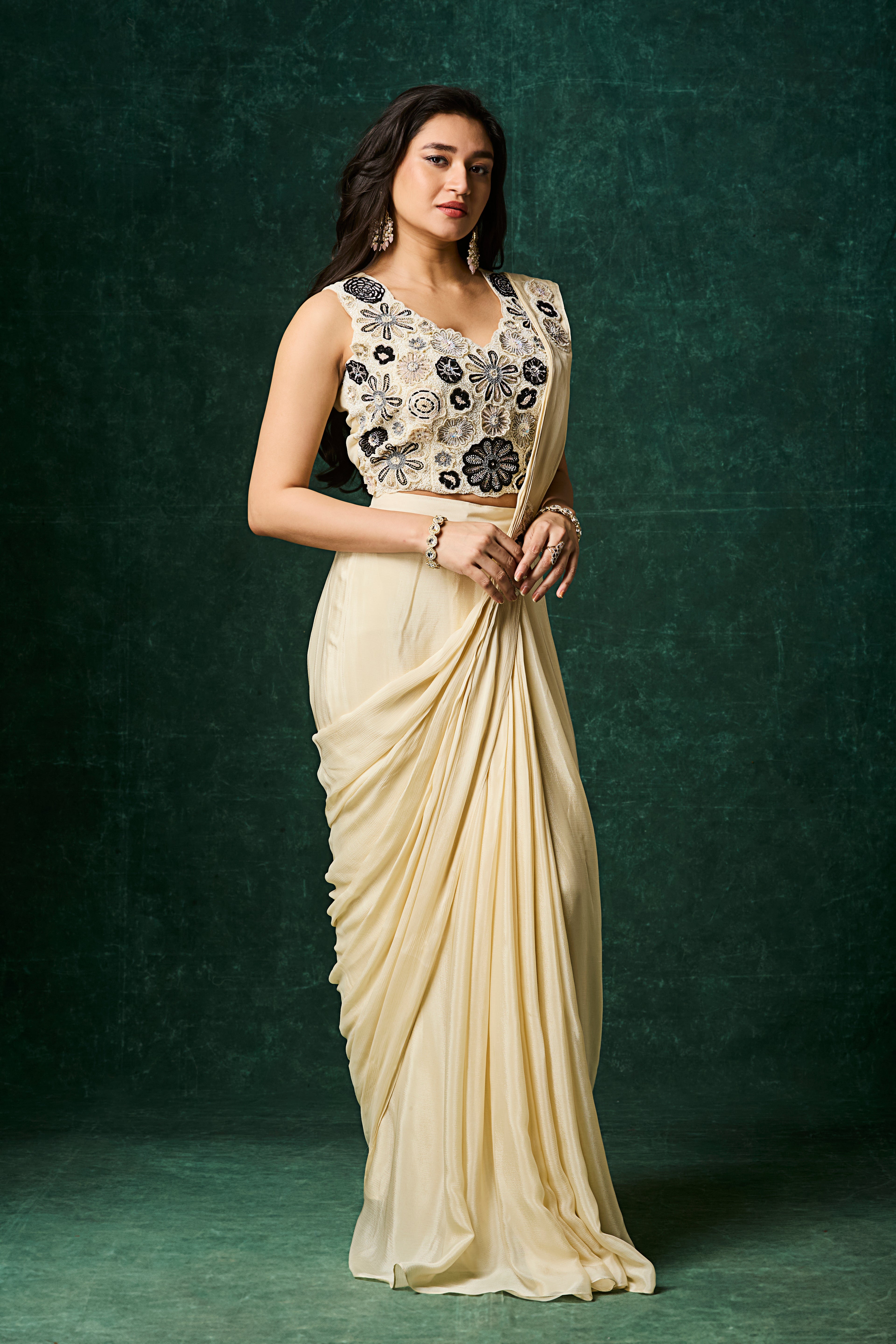 Soft Beige Embellished Chinon Silk Drape Saree