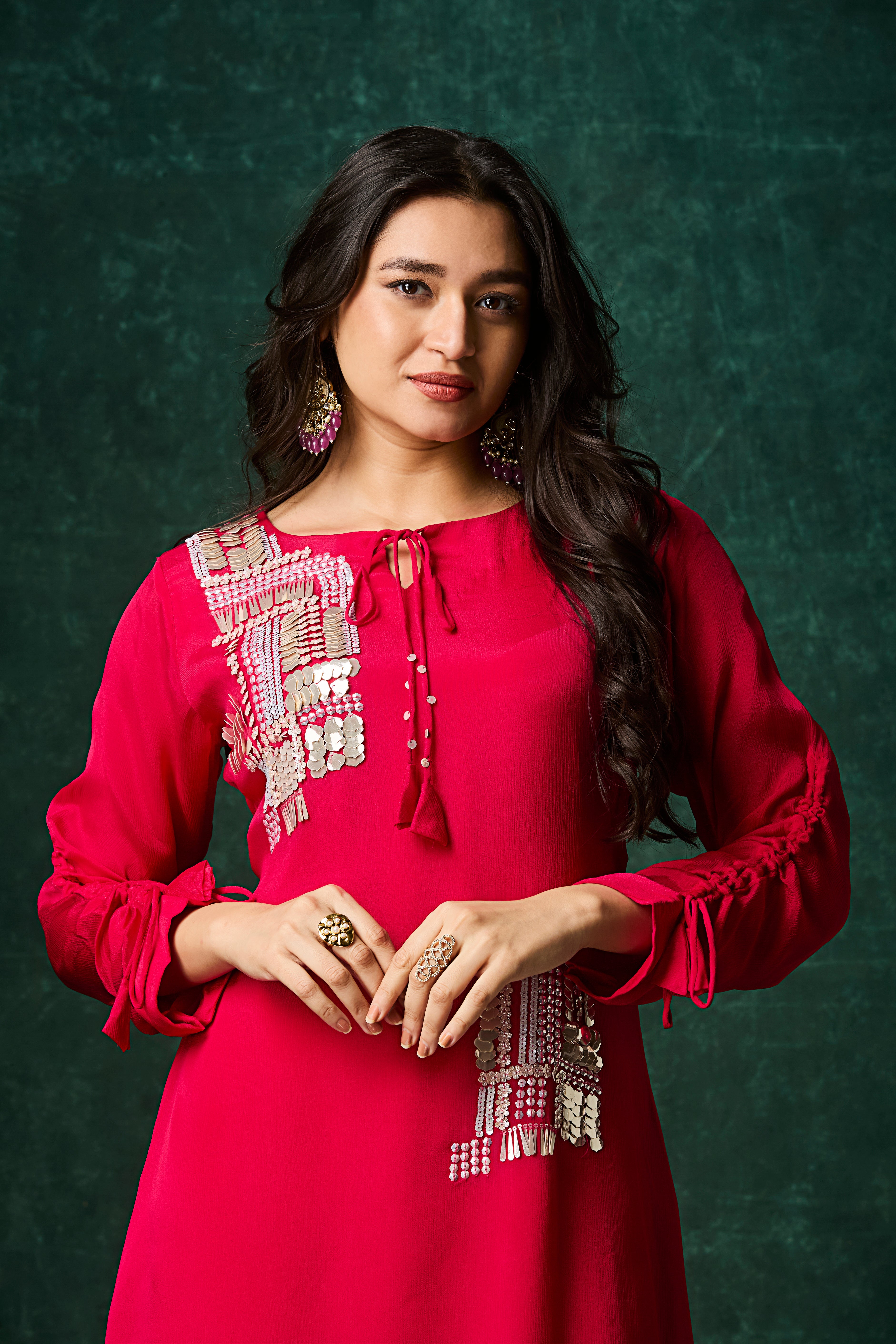 Crimson Pink Embellished Chinon Silk Palazzo Set