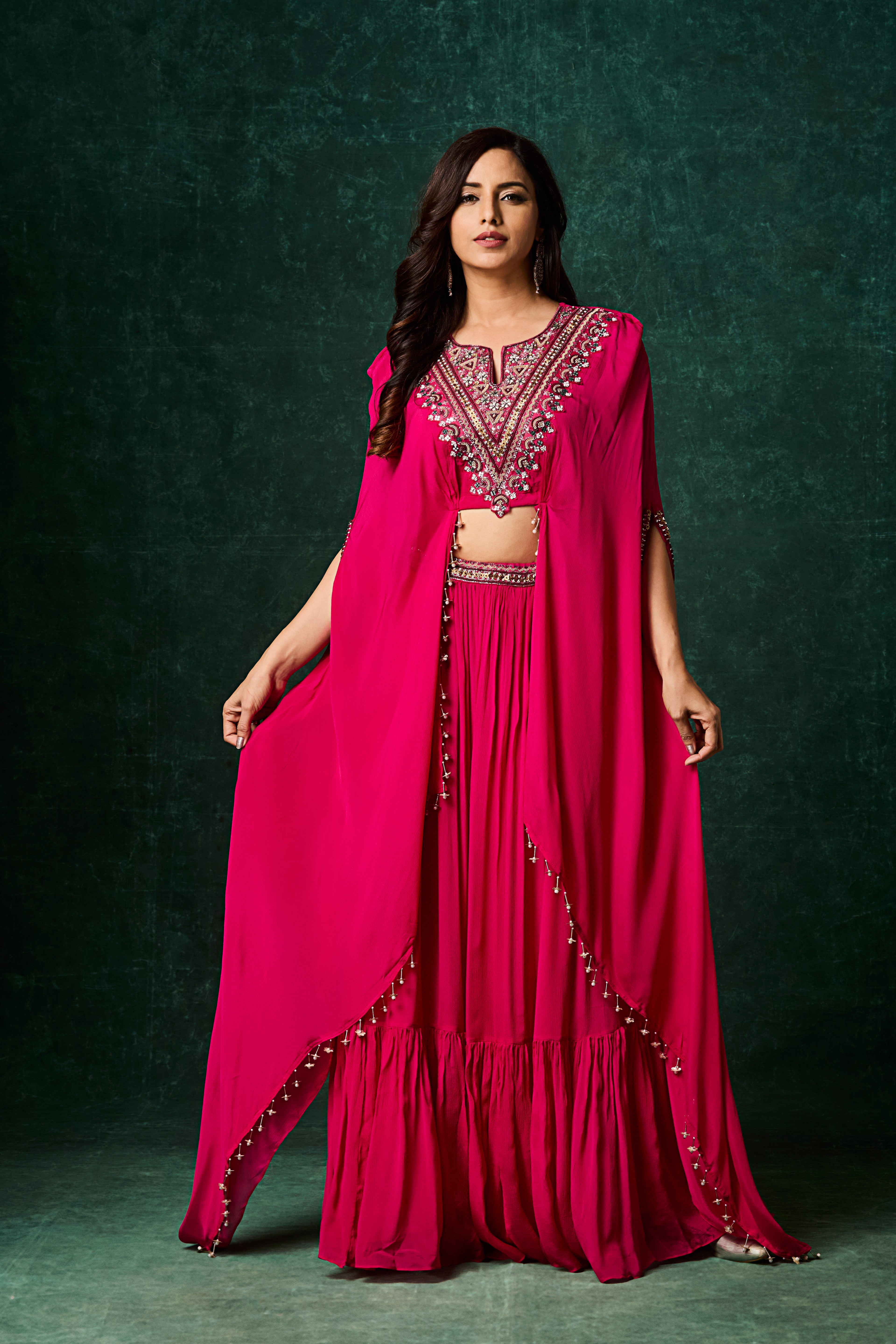 Rani Pink Embellished Chinon Silk Skirt Set