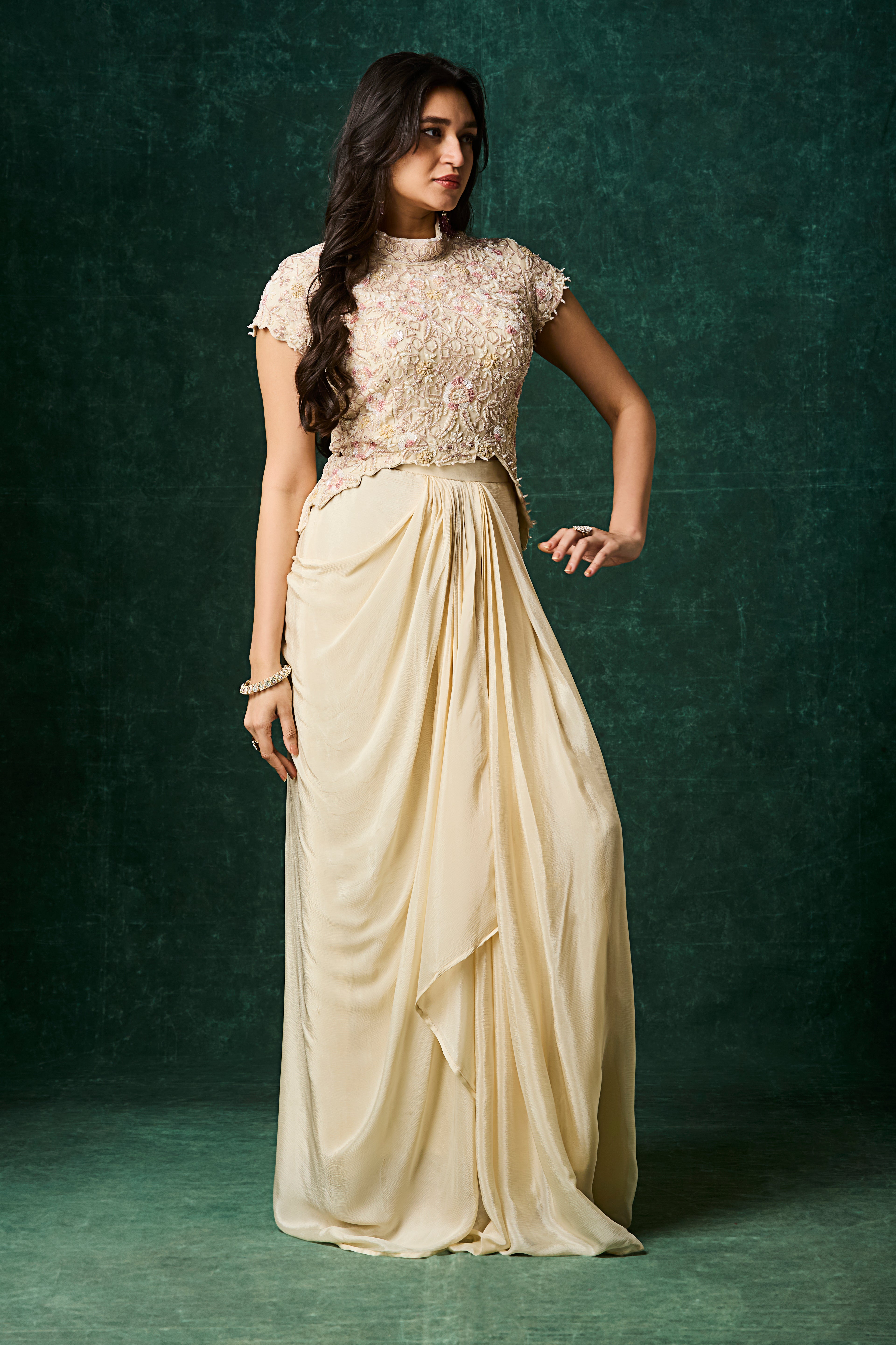 Off-White Embellished Chinon Silk Skirt Set