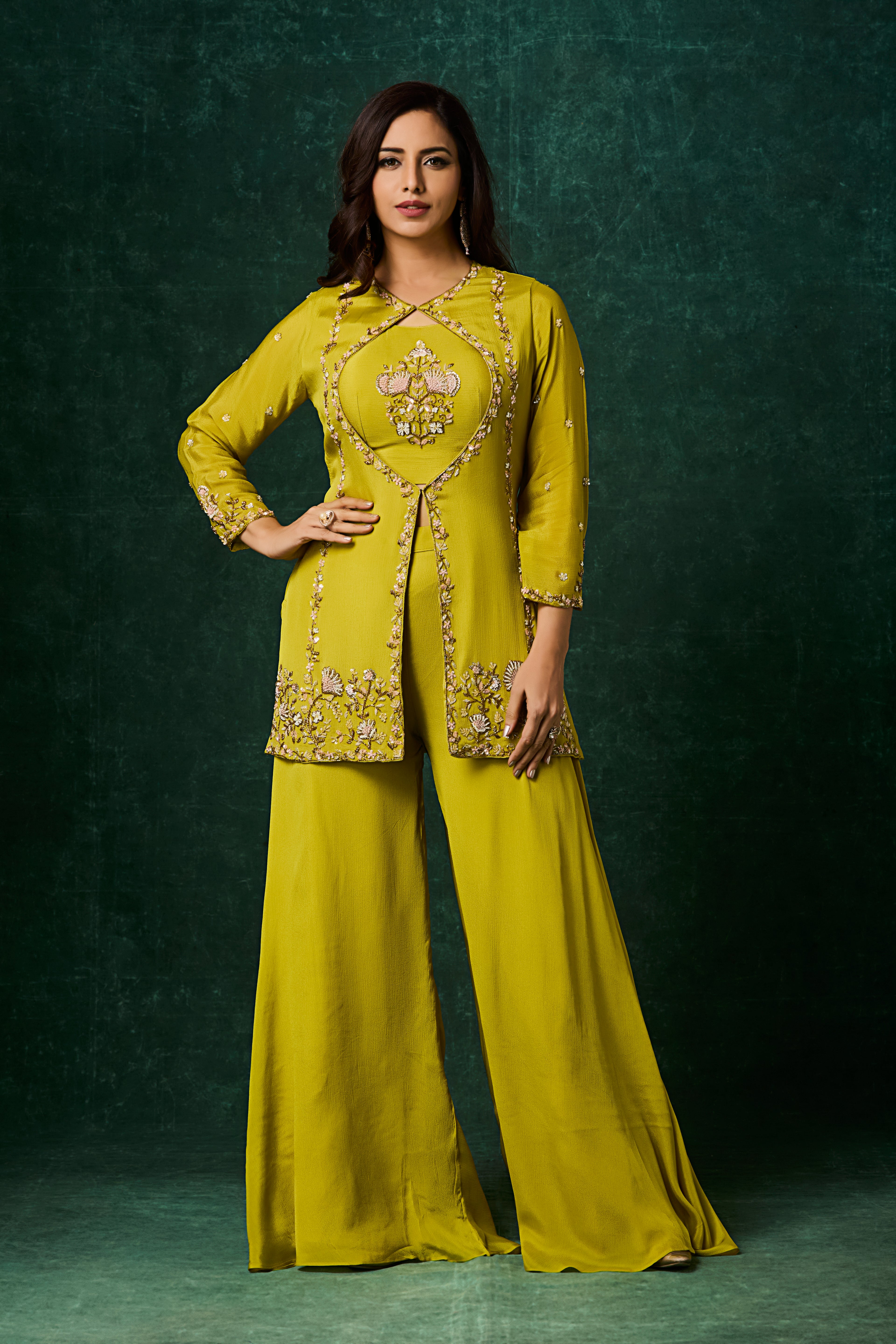 Lime Green Embellished Chinon Silk Palazzo Set