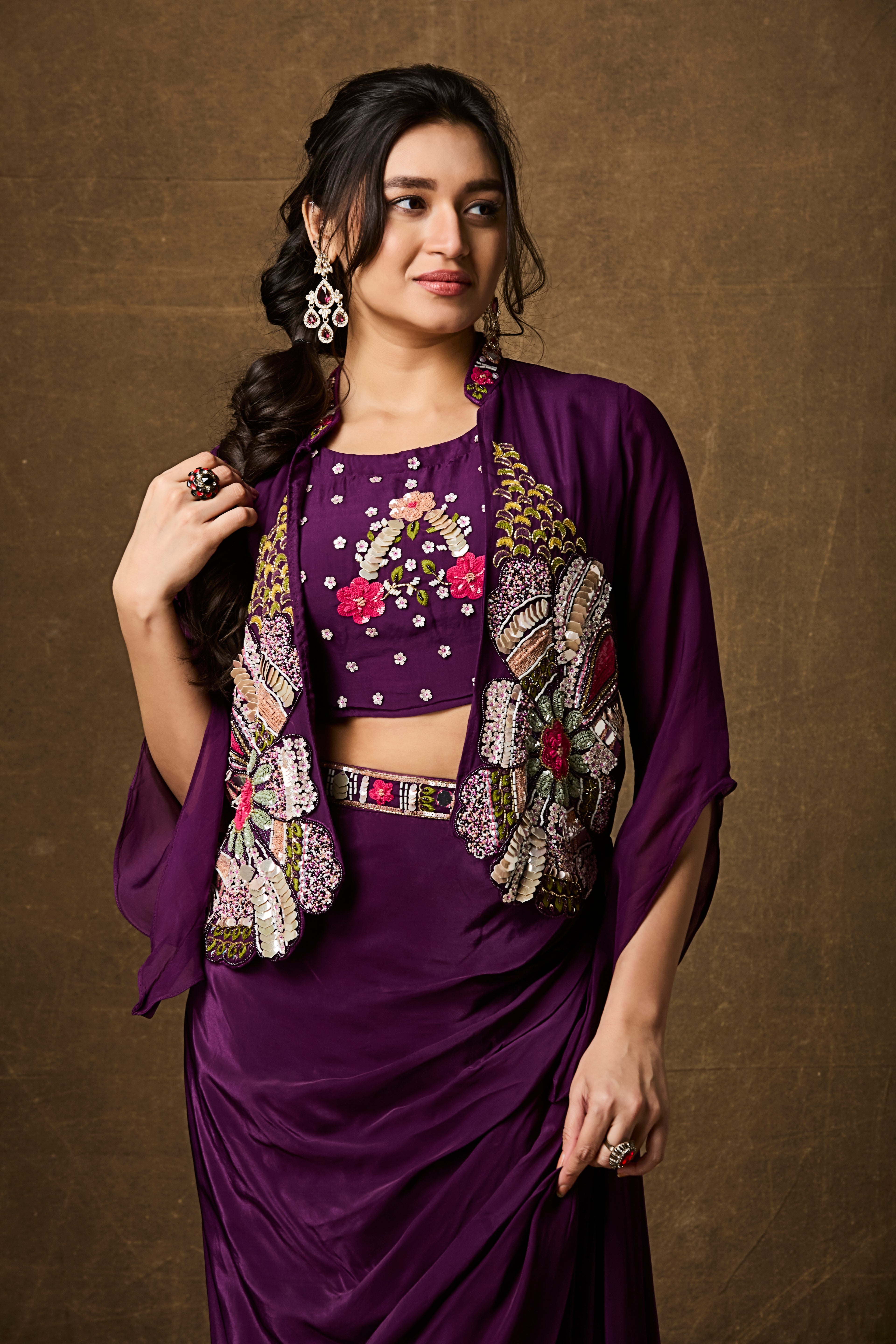 Royal Purple Embellished Crepe Silk Skirt Set