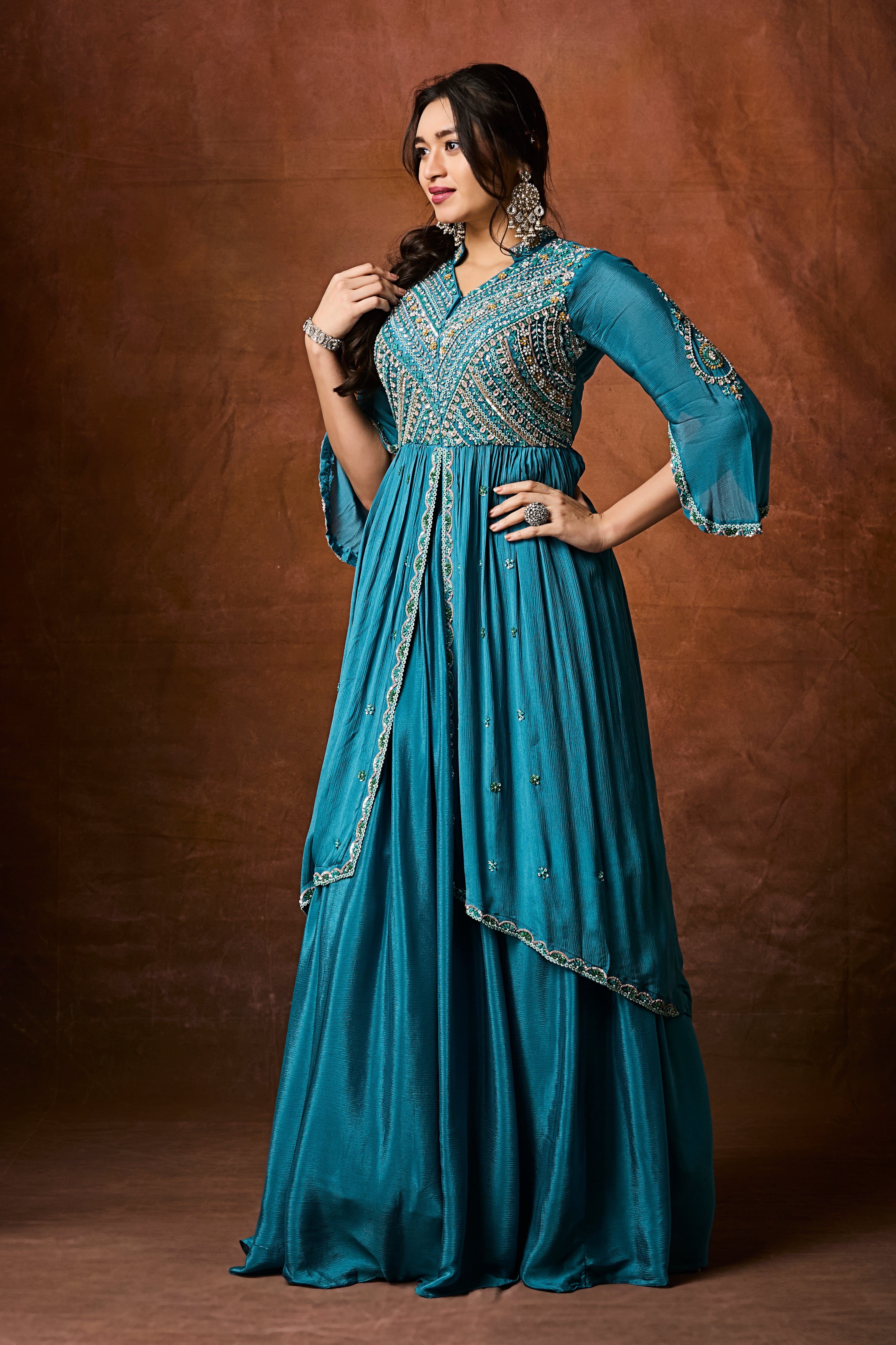 Ocean Blue Embellished Chinon Silk Skirt Set