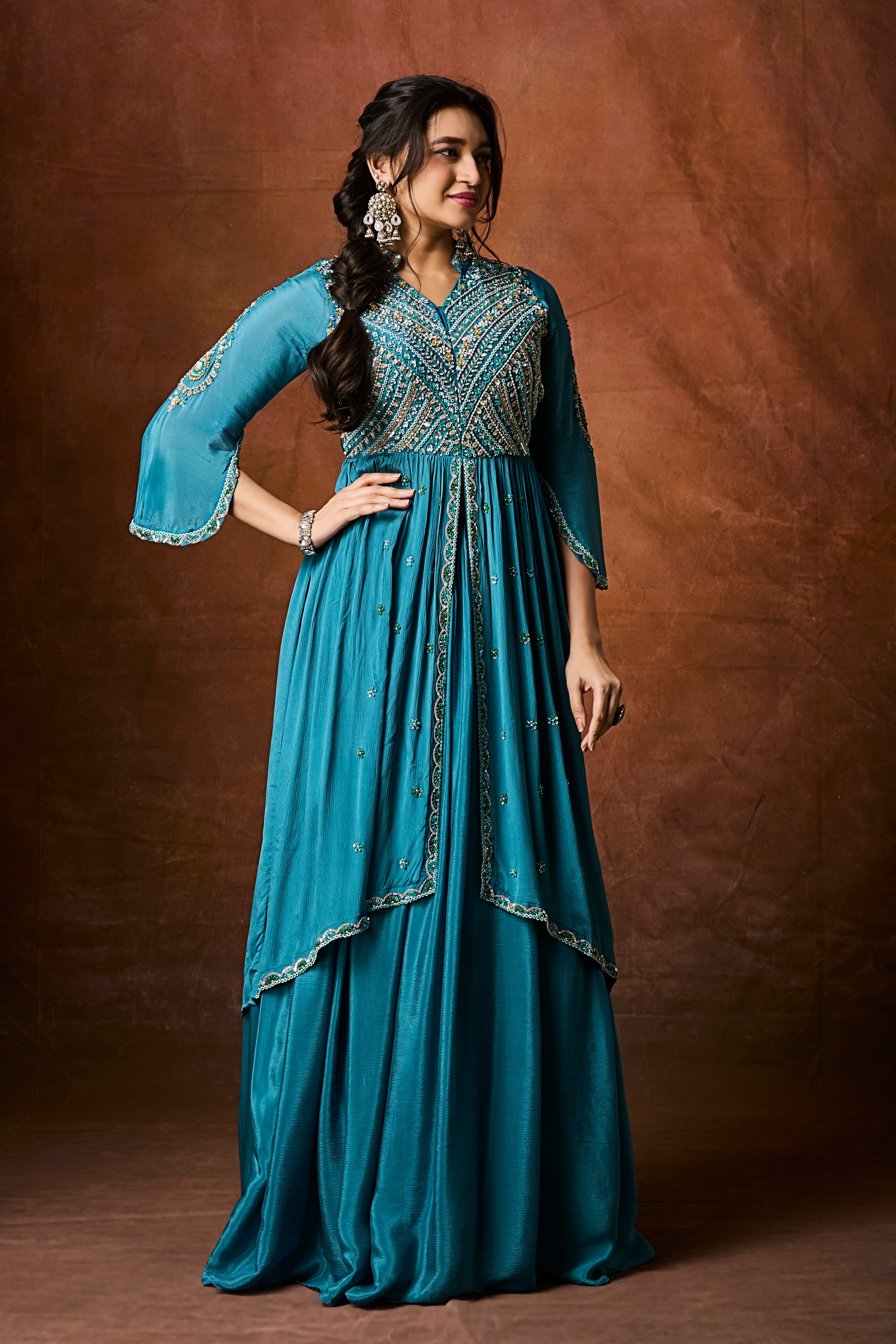 Ocean Blue Embellished Chinon Silk Skirt Set