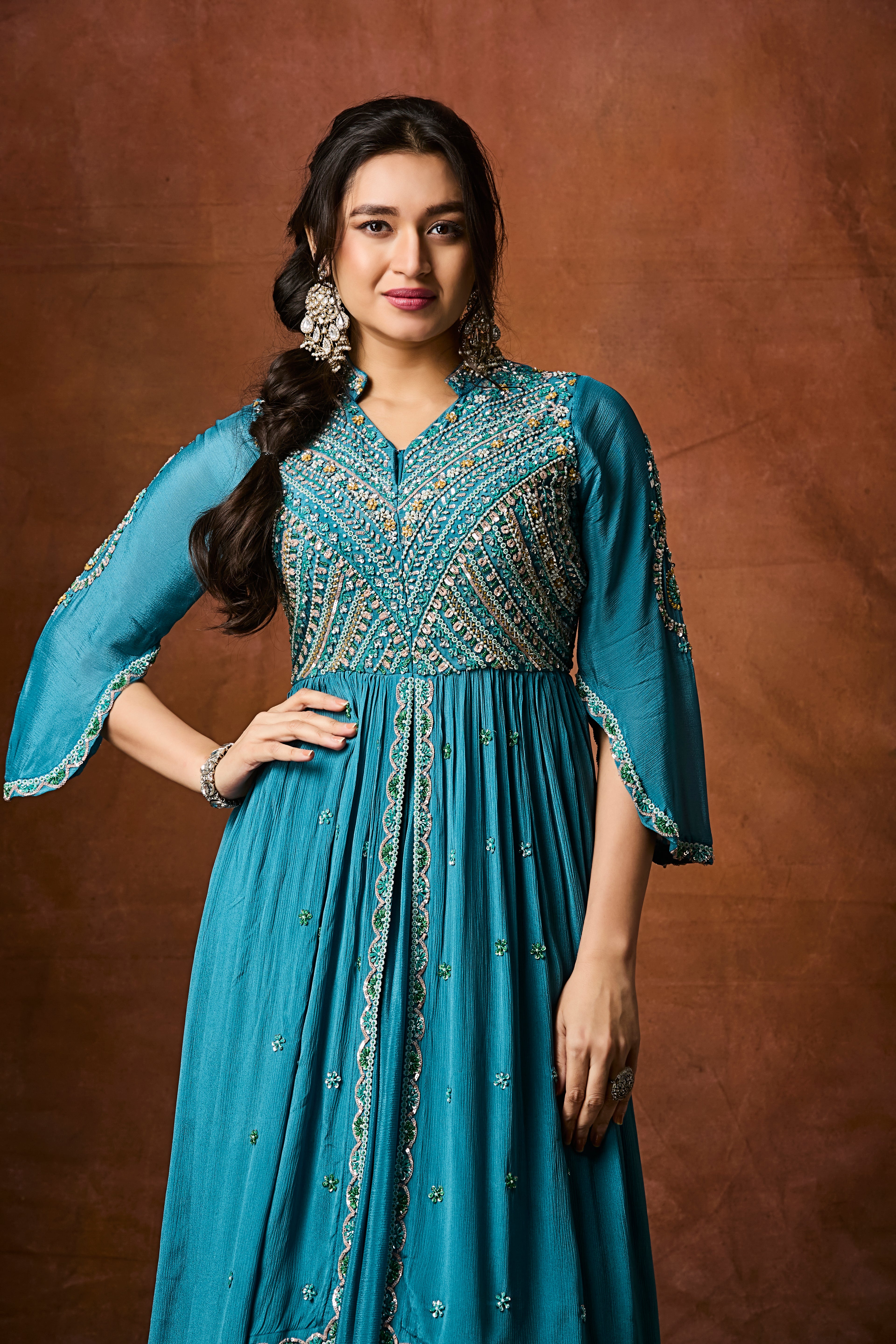 Ocean Blue Embellished Chinon Silk Skirt Set