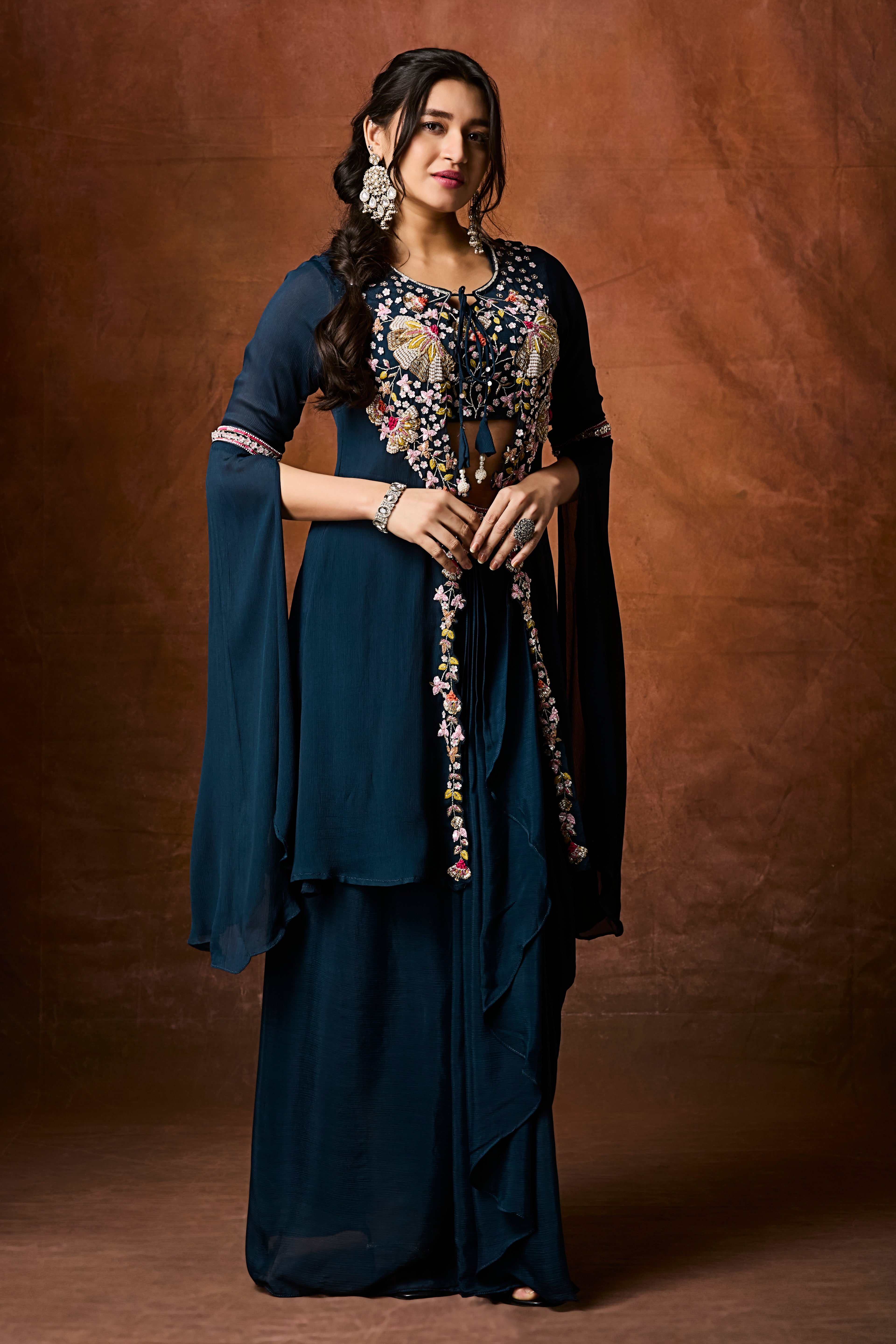 Navy Teal Embellished Chinon Silk Drape Skirt Set