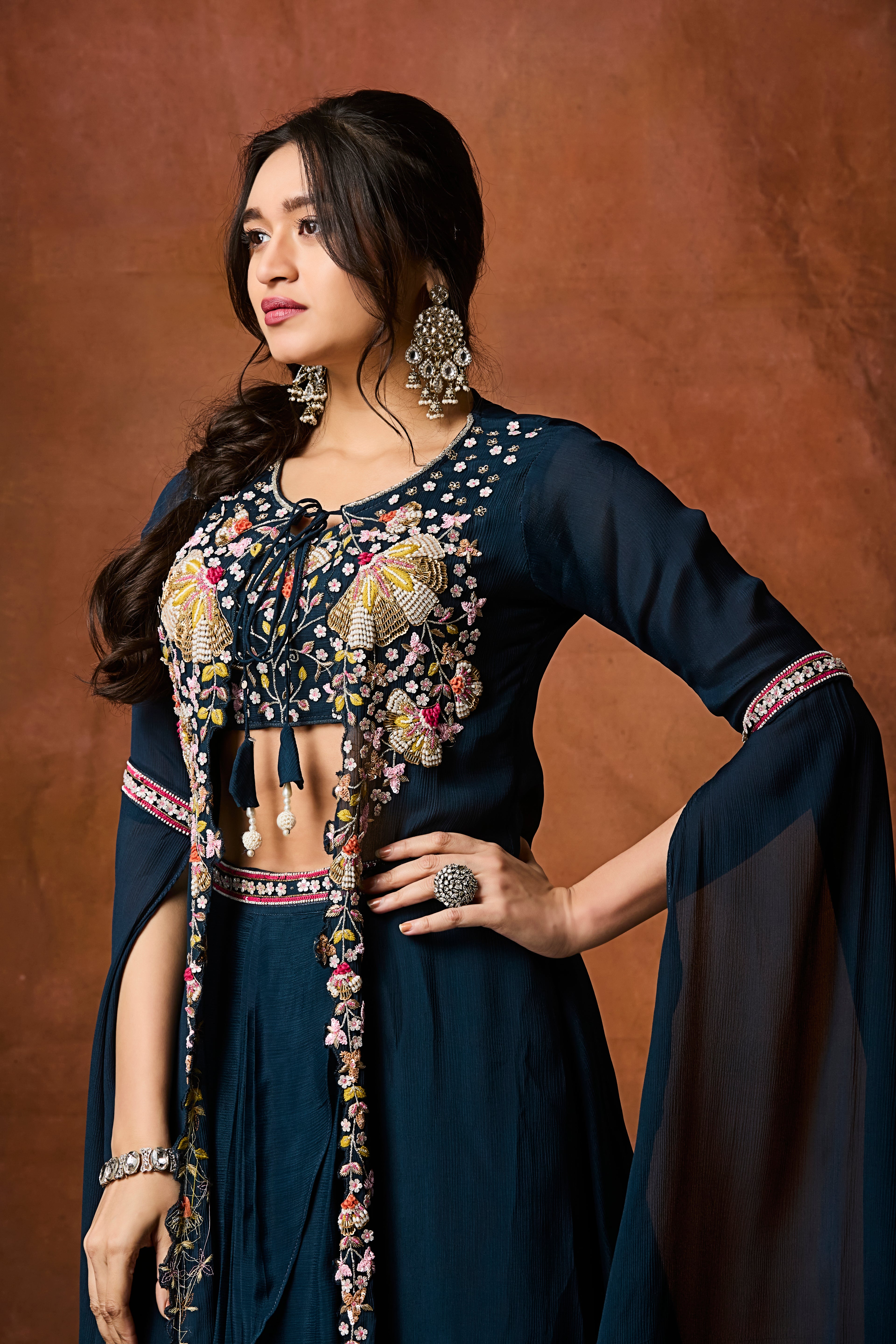 Navy Teal Embellished Chinon Silk Drape Skirt Set