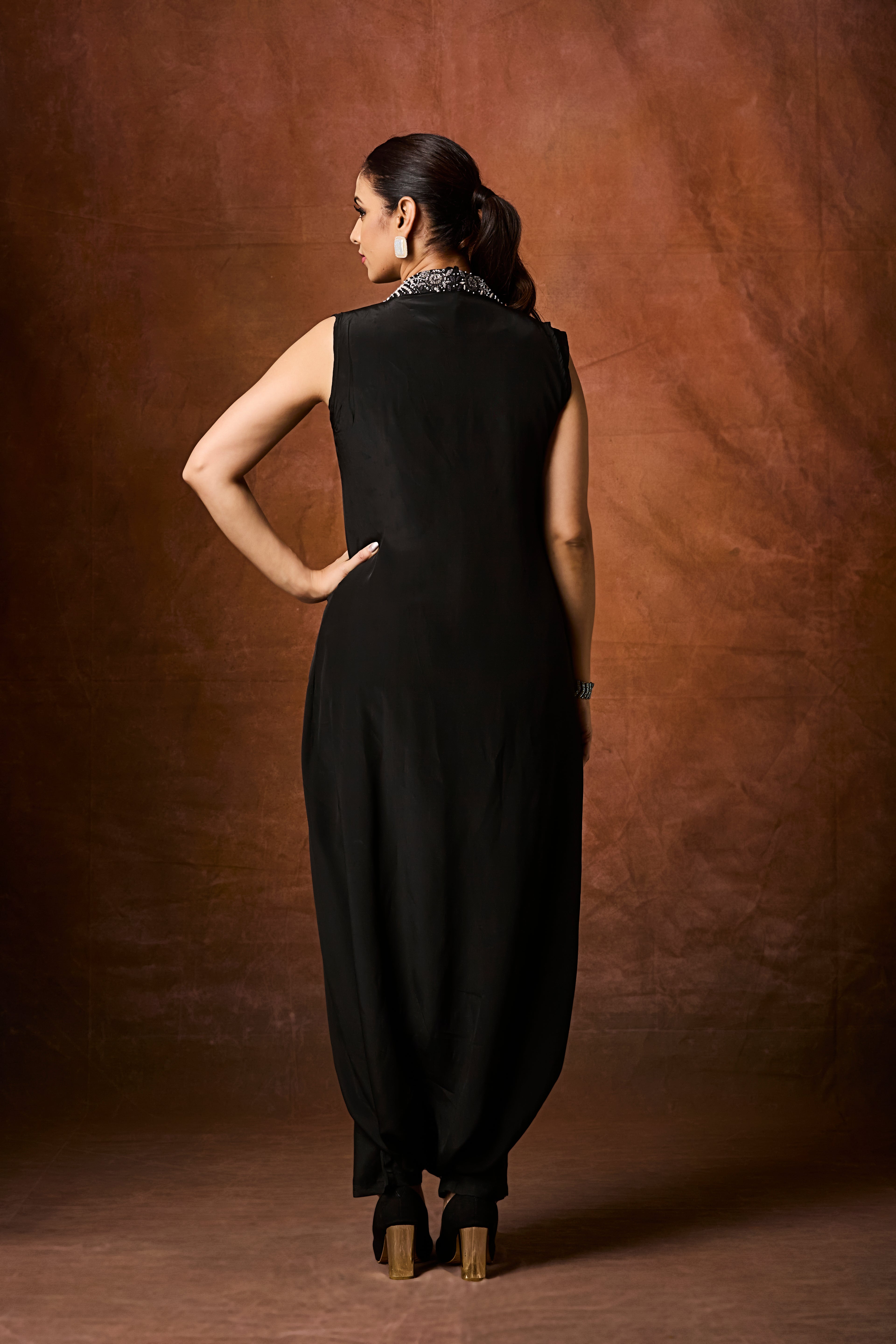 Rich Black Embellished Chinon Silk Cowl Dress