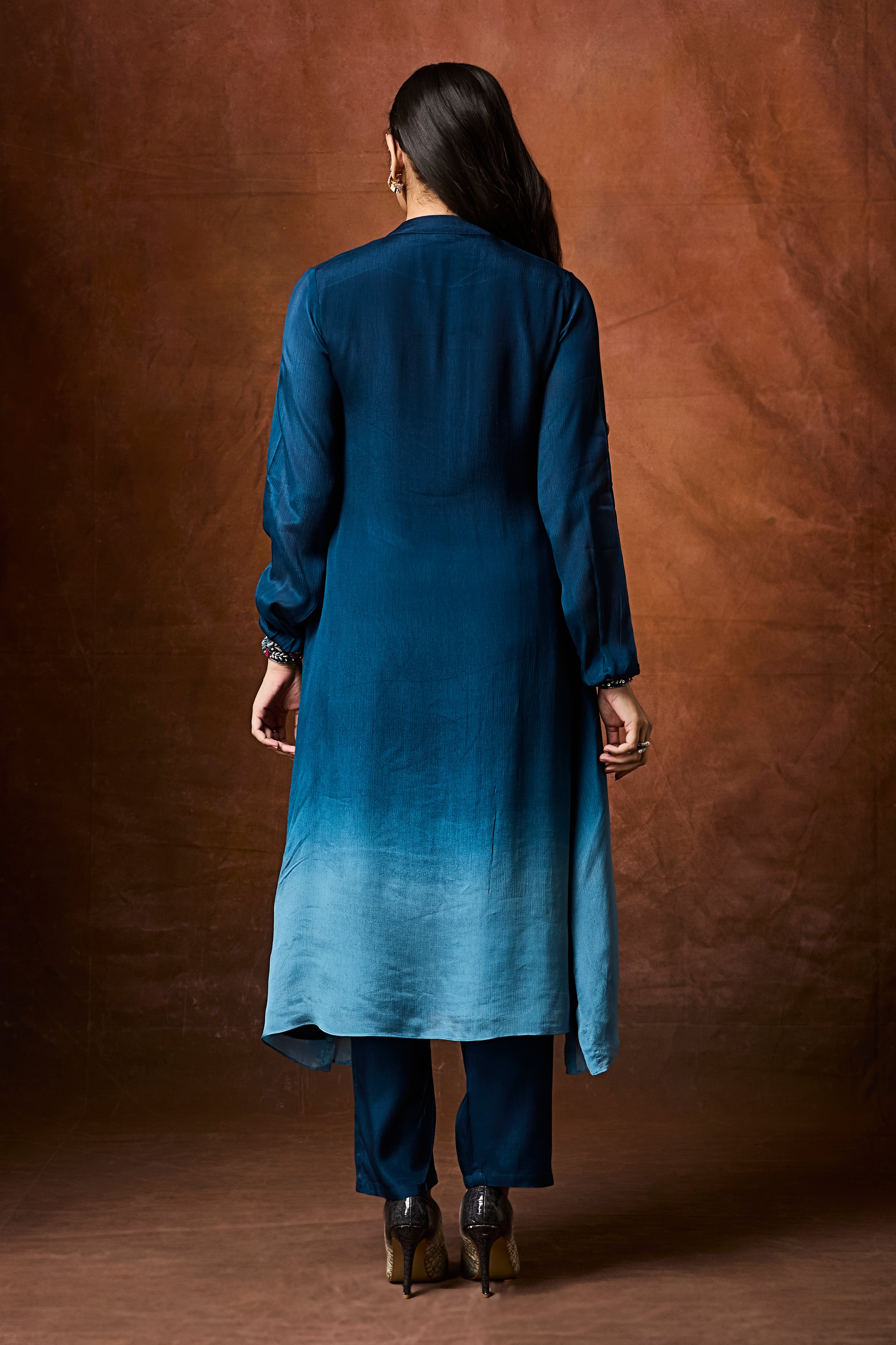 Deep Blue to Sky Blue Ombre Chinon Silk Kurta Set