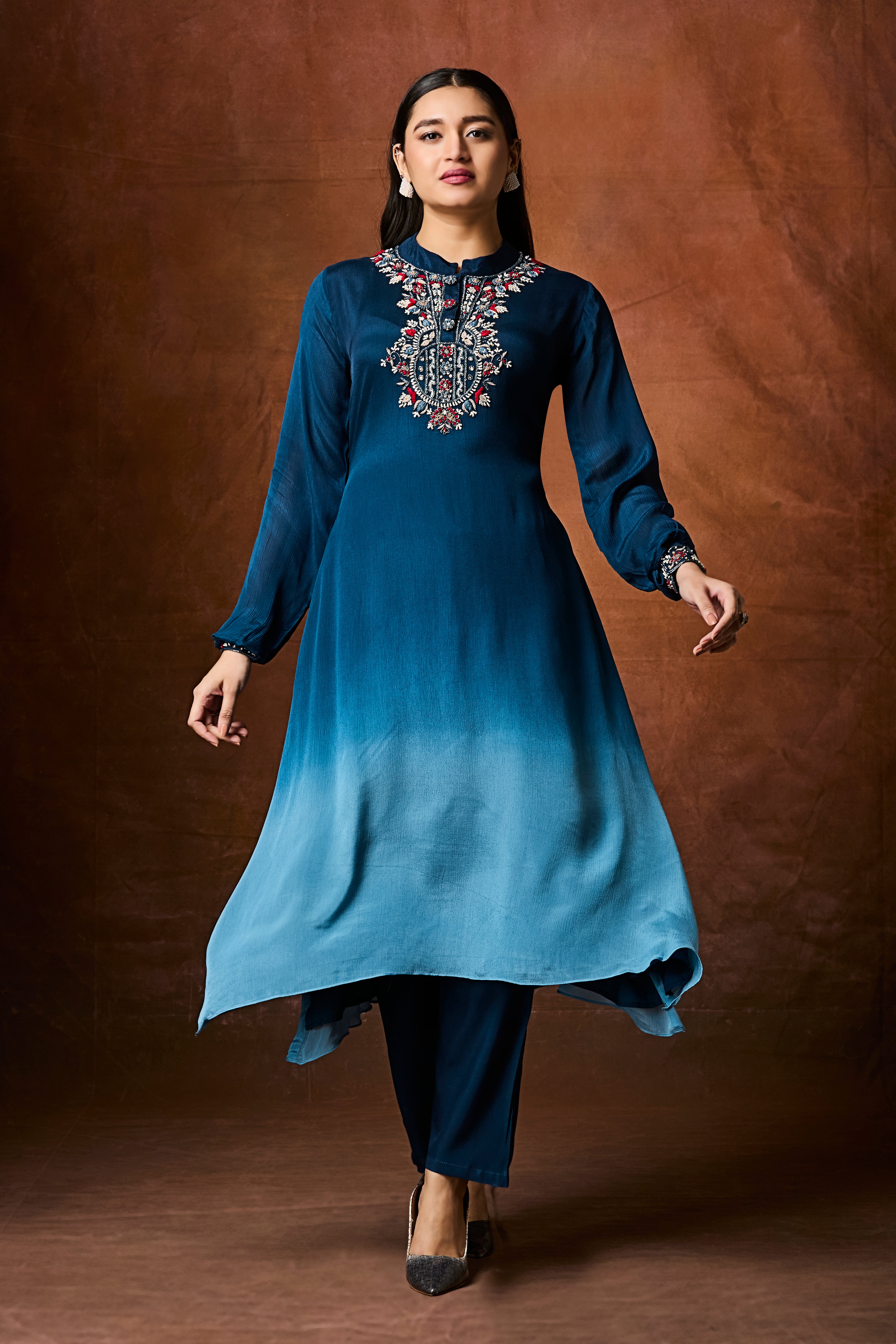 Deep Blue to Sky Blue Ombre Chinon Silk Kurta Set