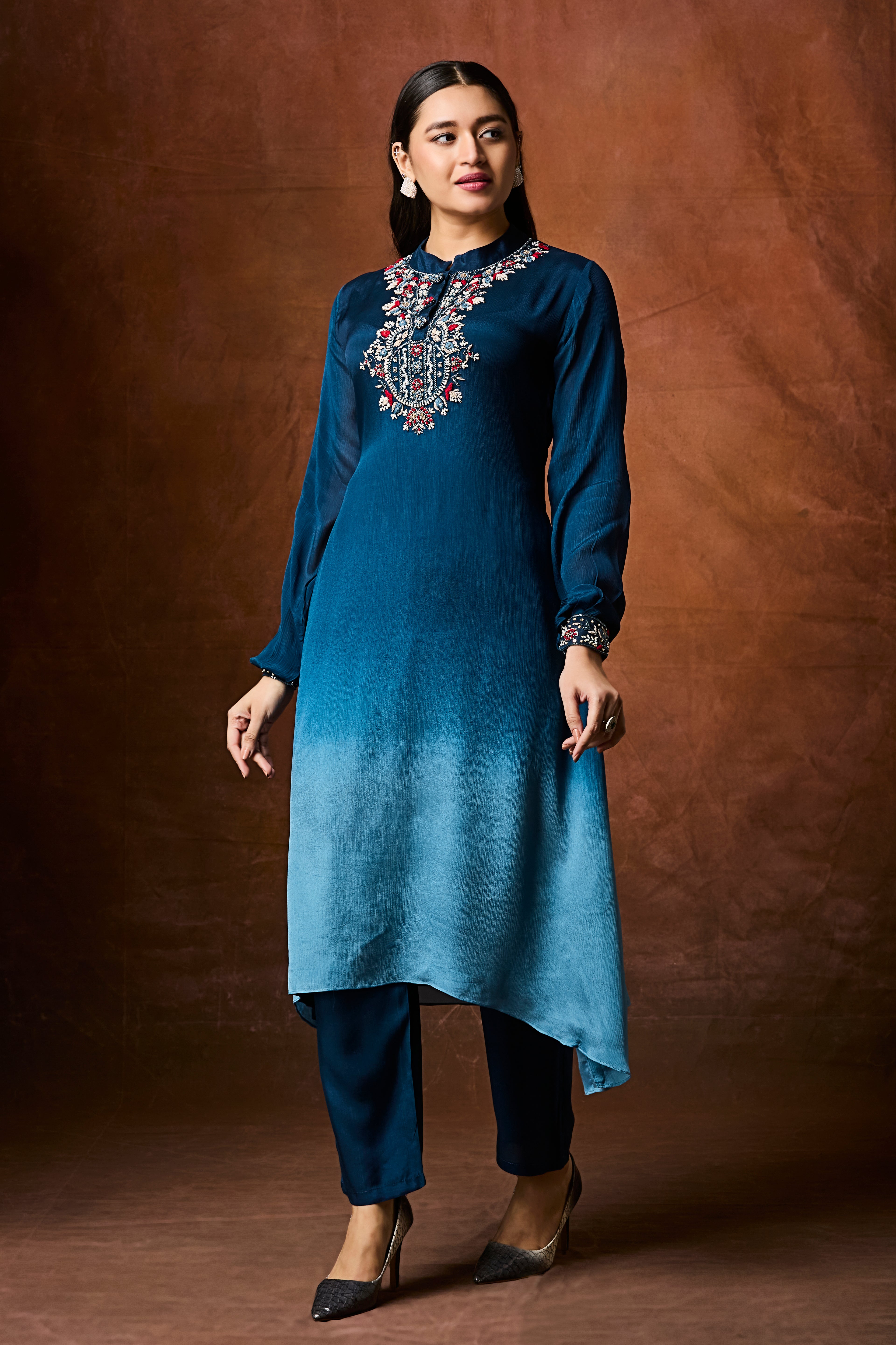 Deep Blue to Sky Blue Ombre Chinon Silk Kurta Set