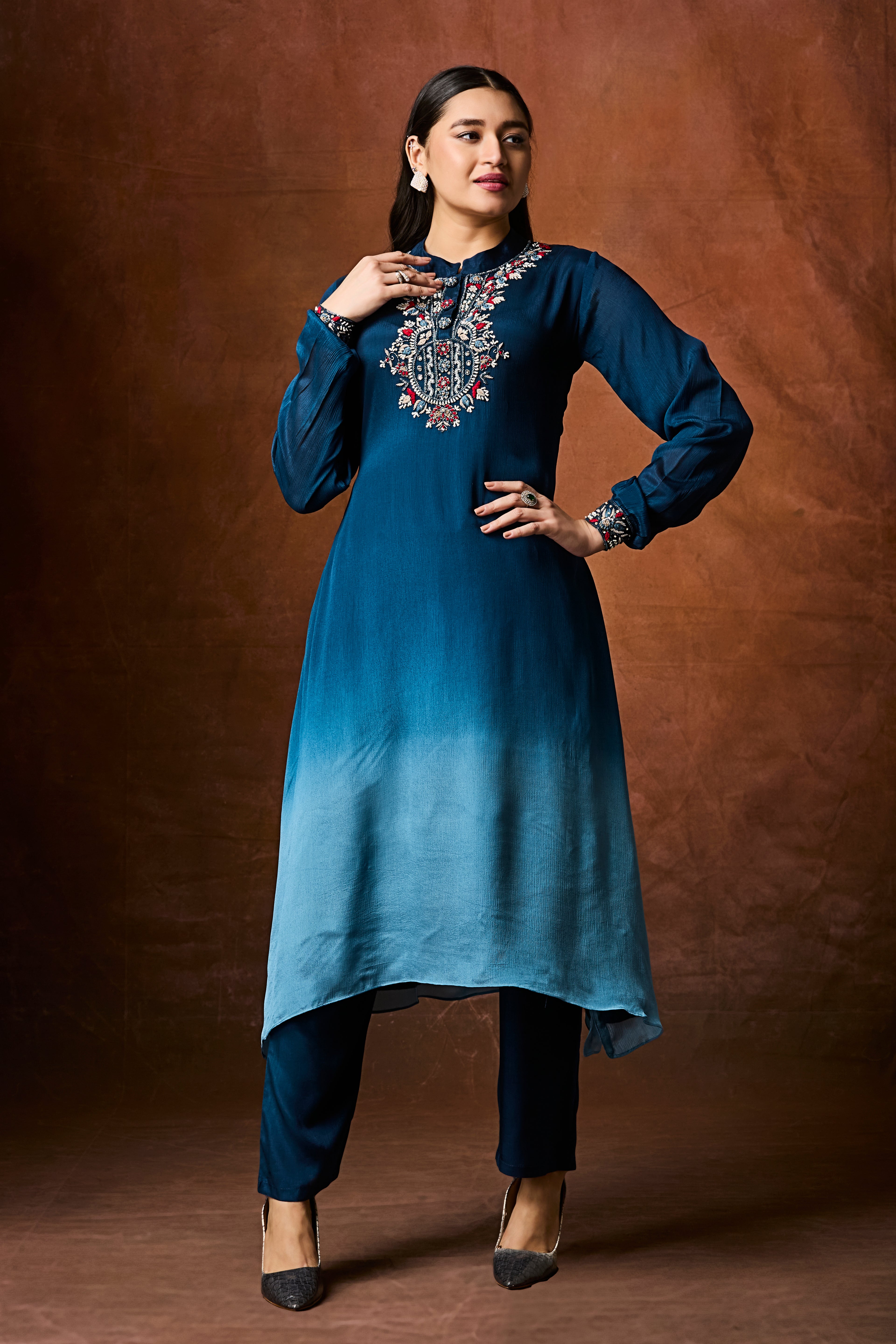 Deep Blue to Sky Blue Ombre Chinon Silk Kurta Set