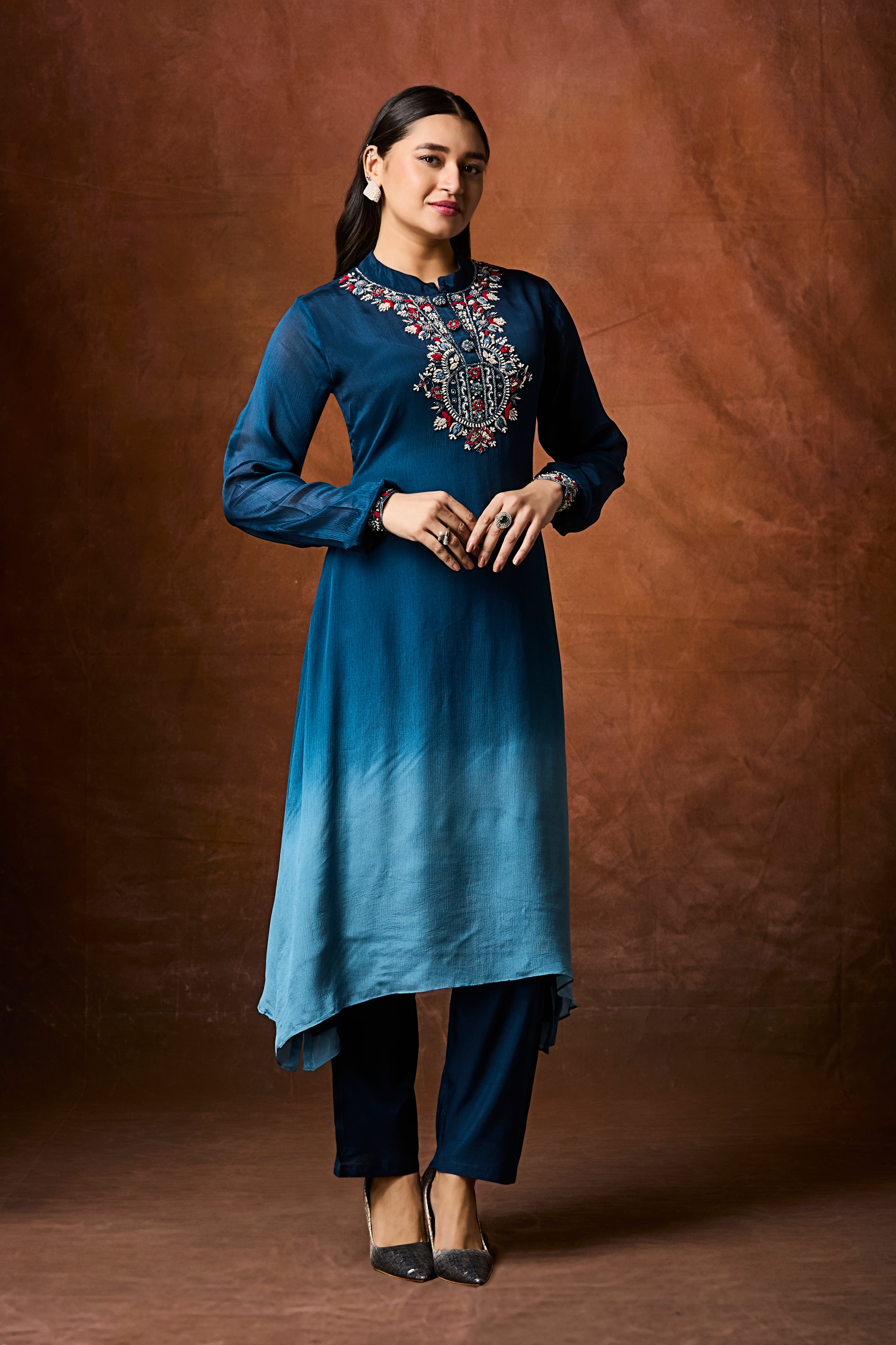 Deep Blue to Sky Blue Ombre Chinon Silk Kurta Set