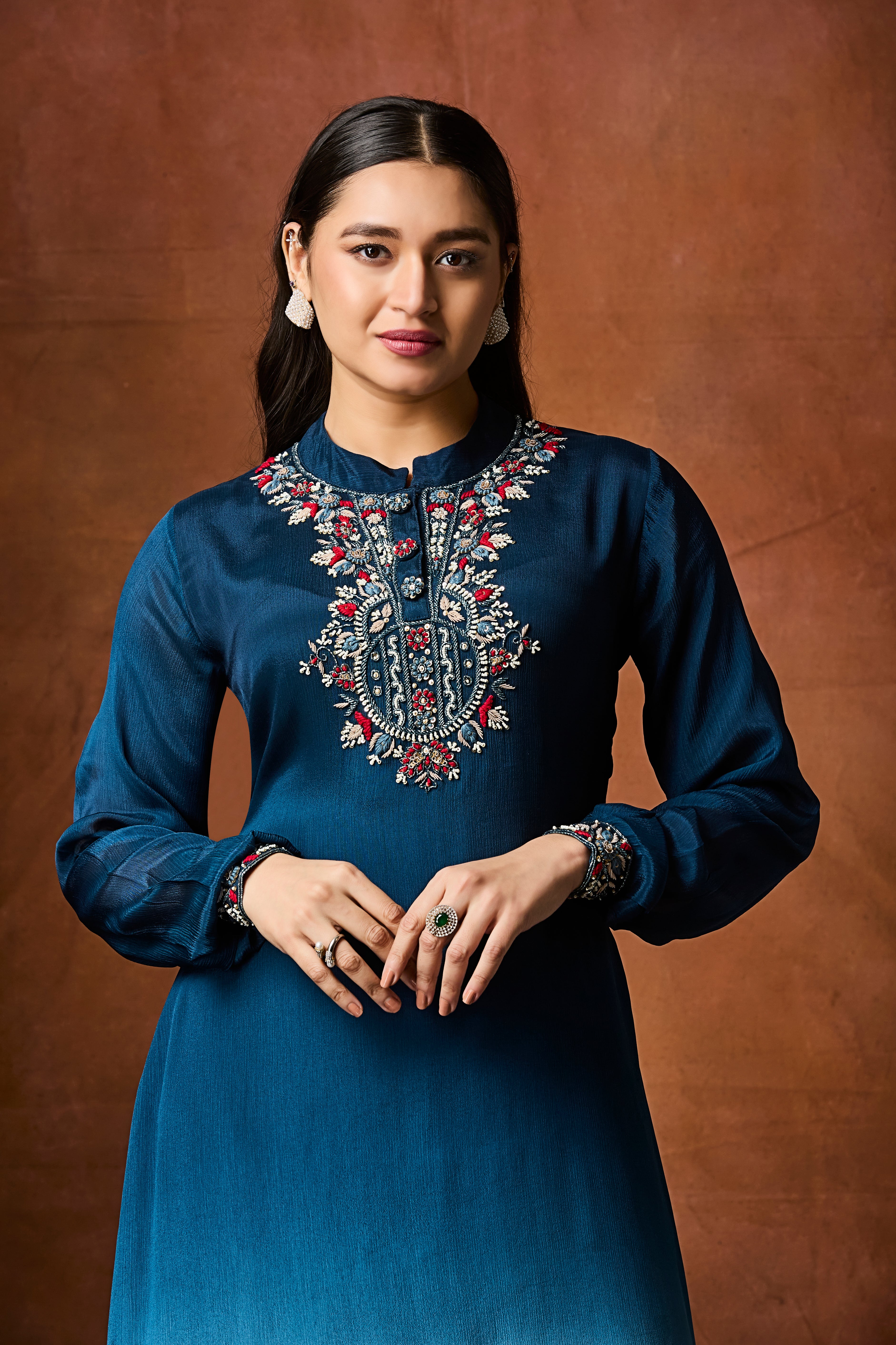 Deep Blue to Sky Blue Ombre Chinon Silk Kurta Set