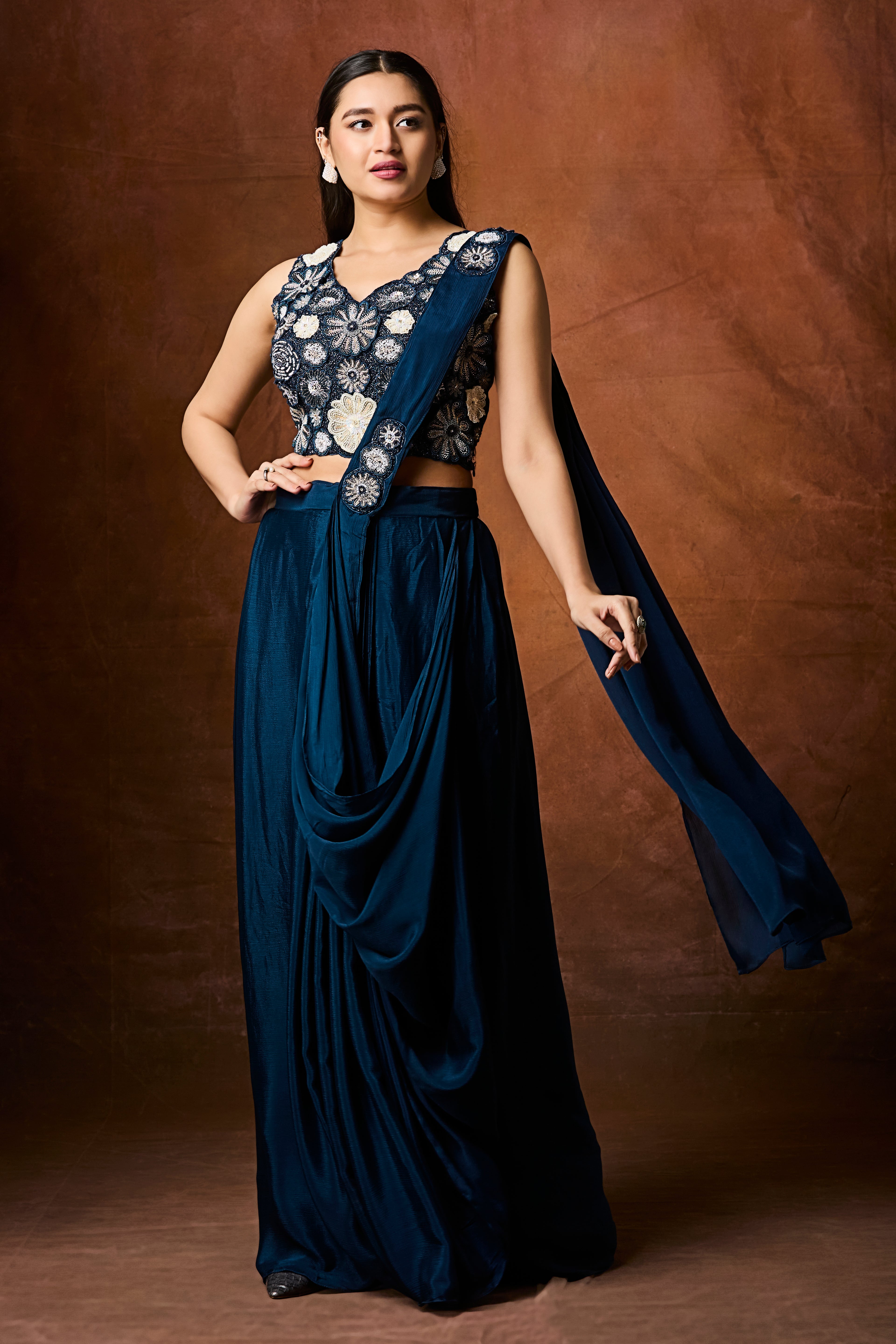 Deep Teal Embellished Chinon Silk Drape Saree