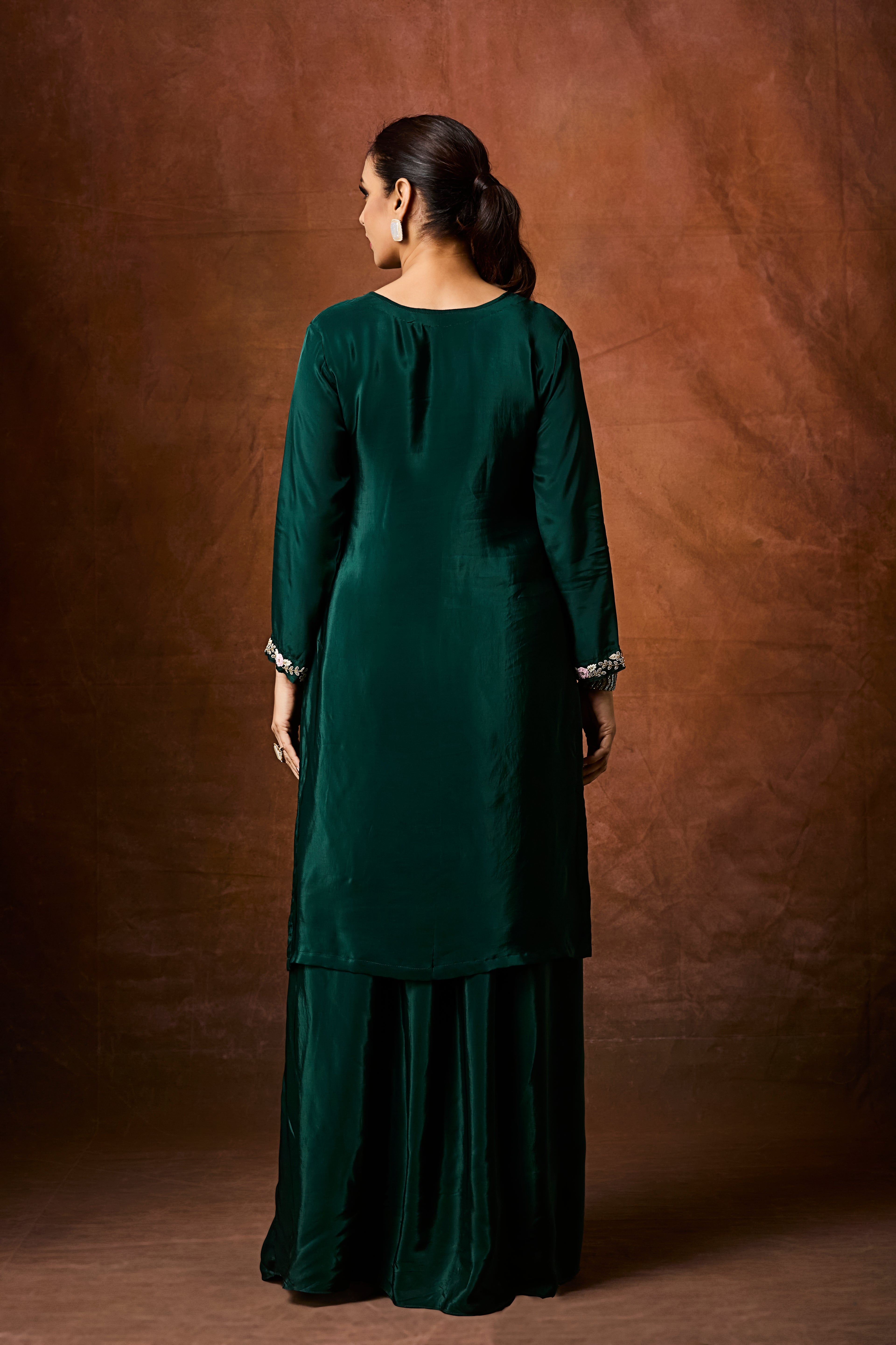 Forest Green Embellished Crepe Silk Skirt Set