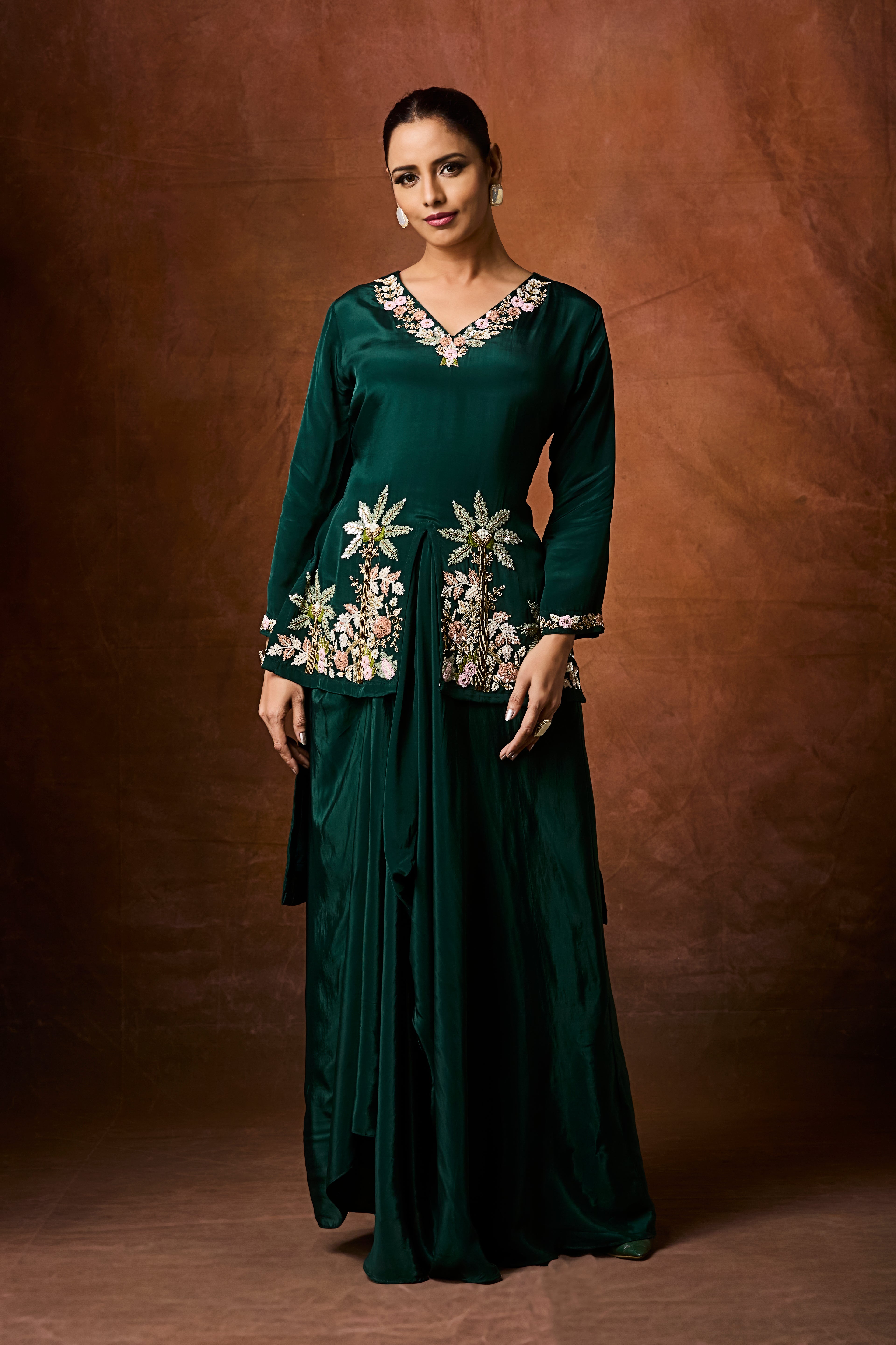 Forest Green Embellished Crepe Silk Skirt Set