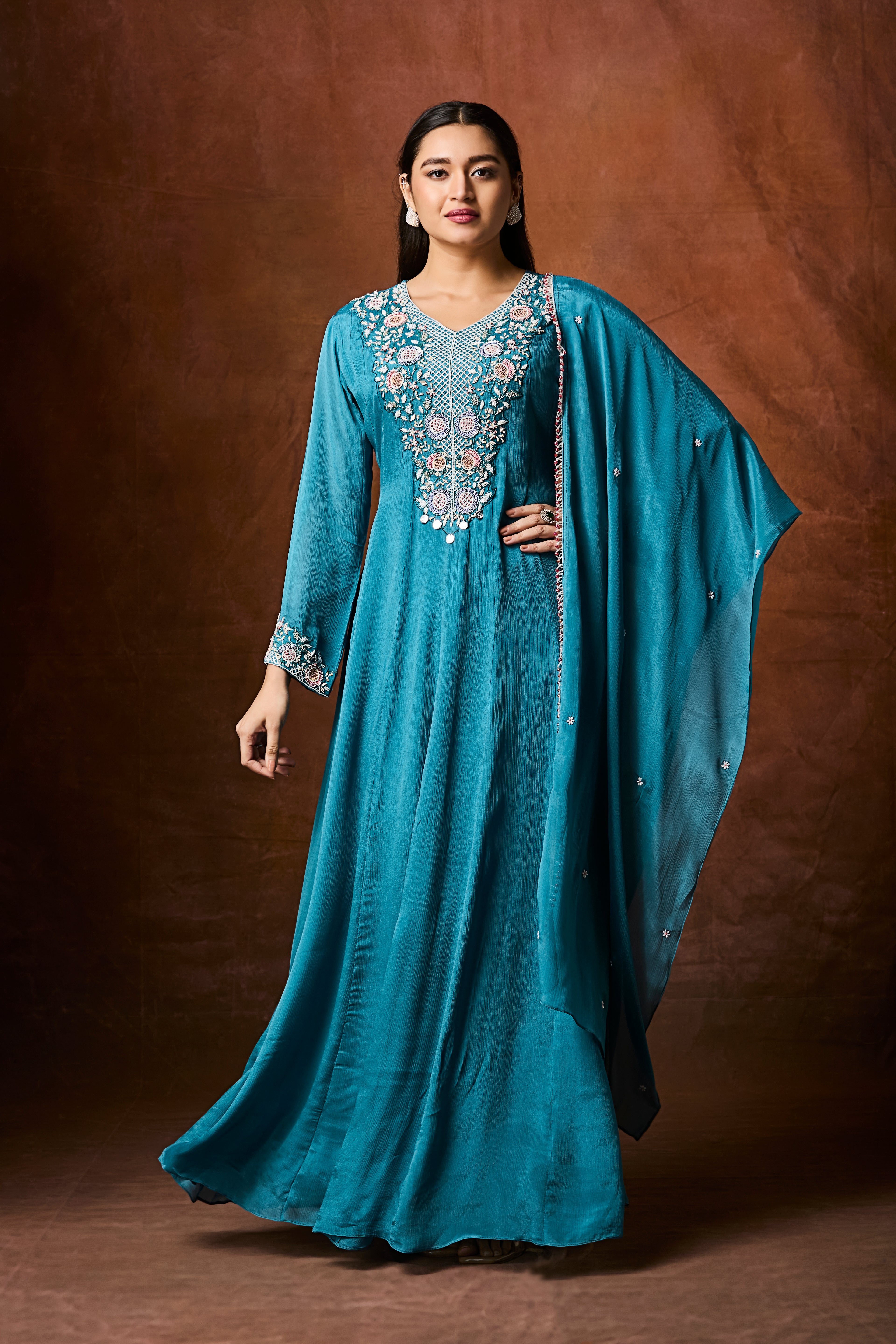 Deep Blue Embellished Chinon Silk Anarkali Set