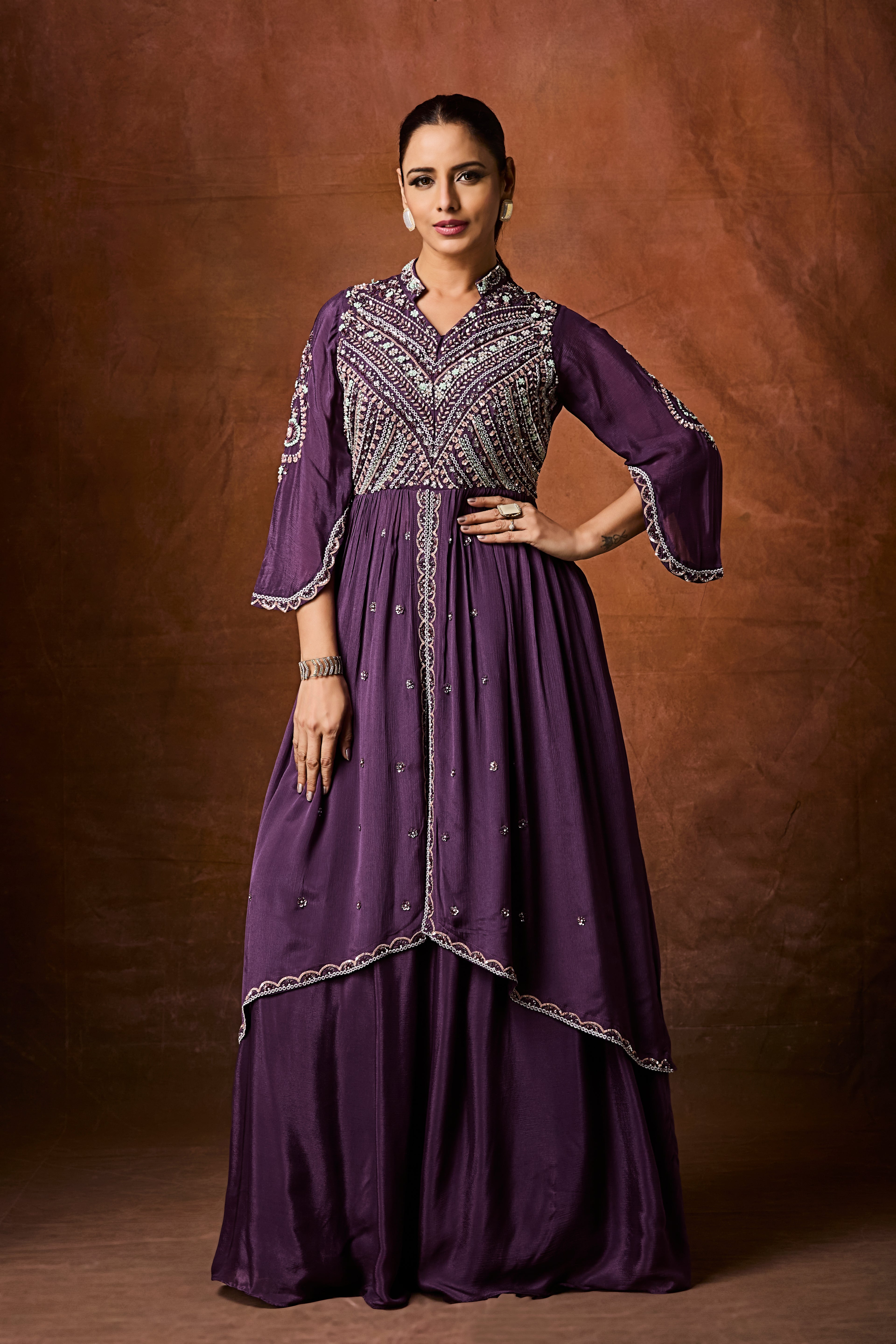 Deep Purple Embellished Chinon Silk Skirt Set