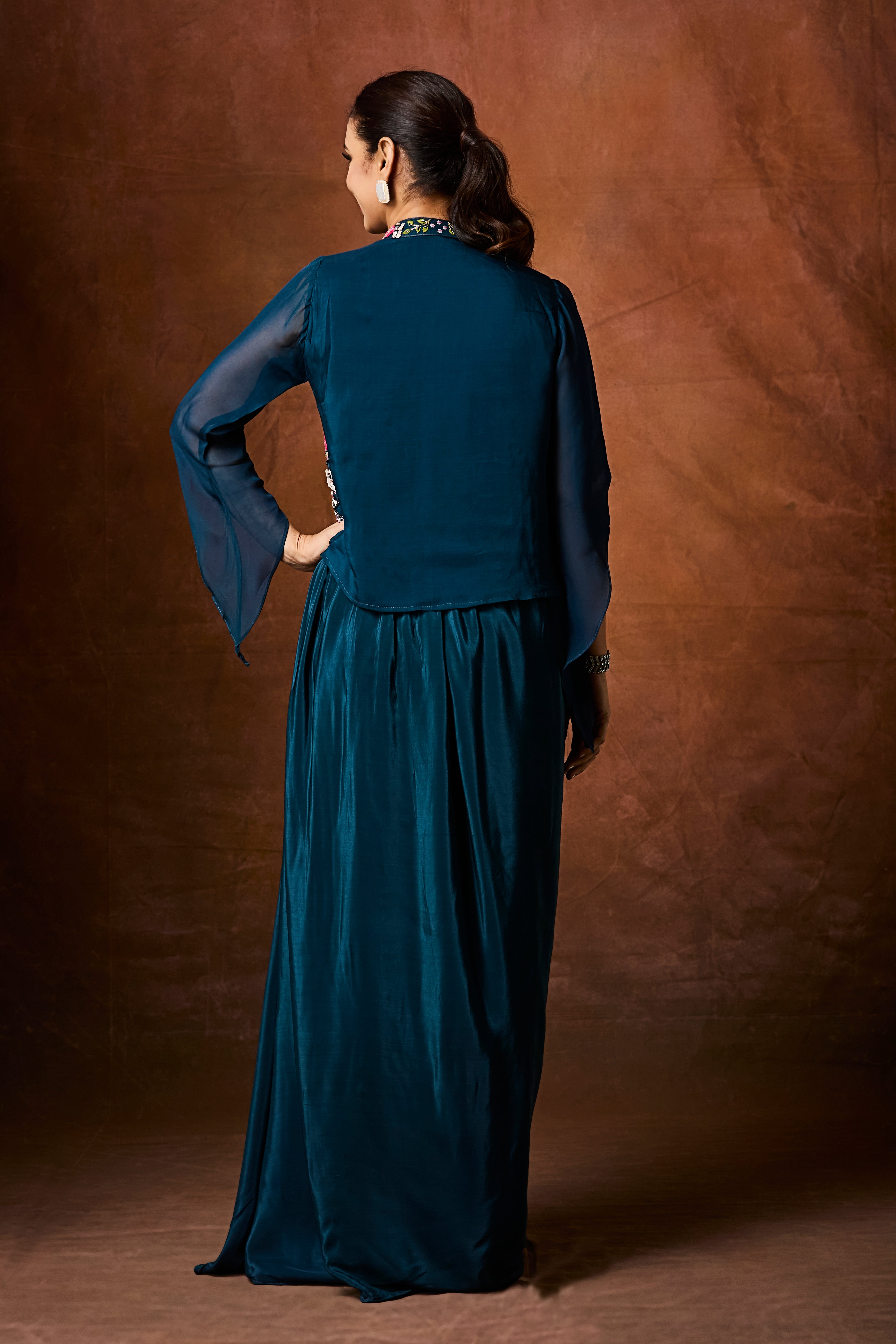 Teal Blue Embellished Crepe Silk Skirt Set