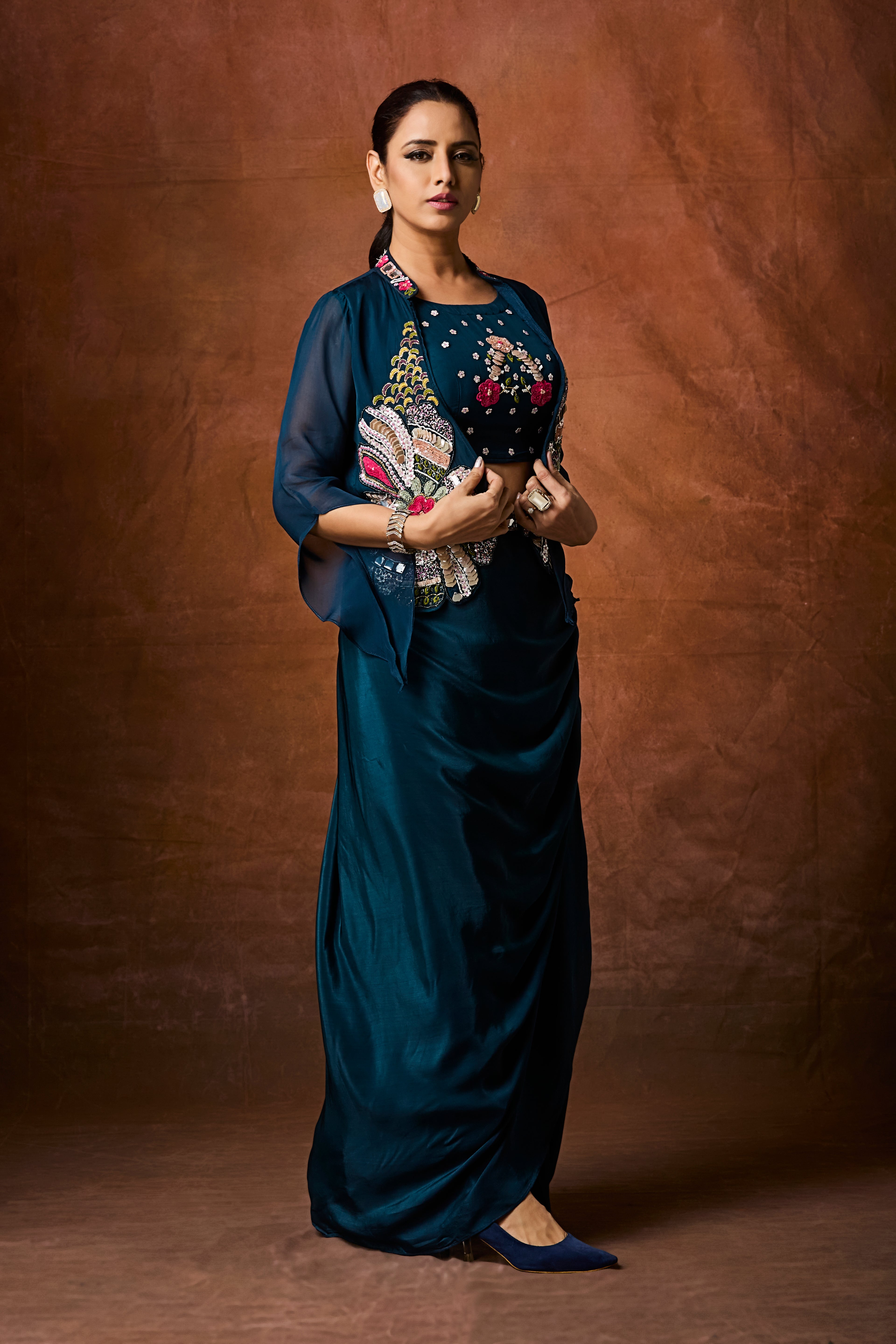 Teal Blue Embellished Crepe Silk Skirt Set