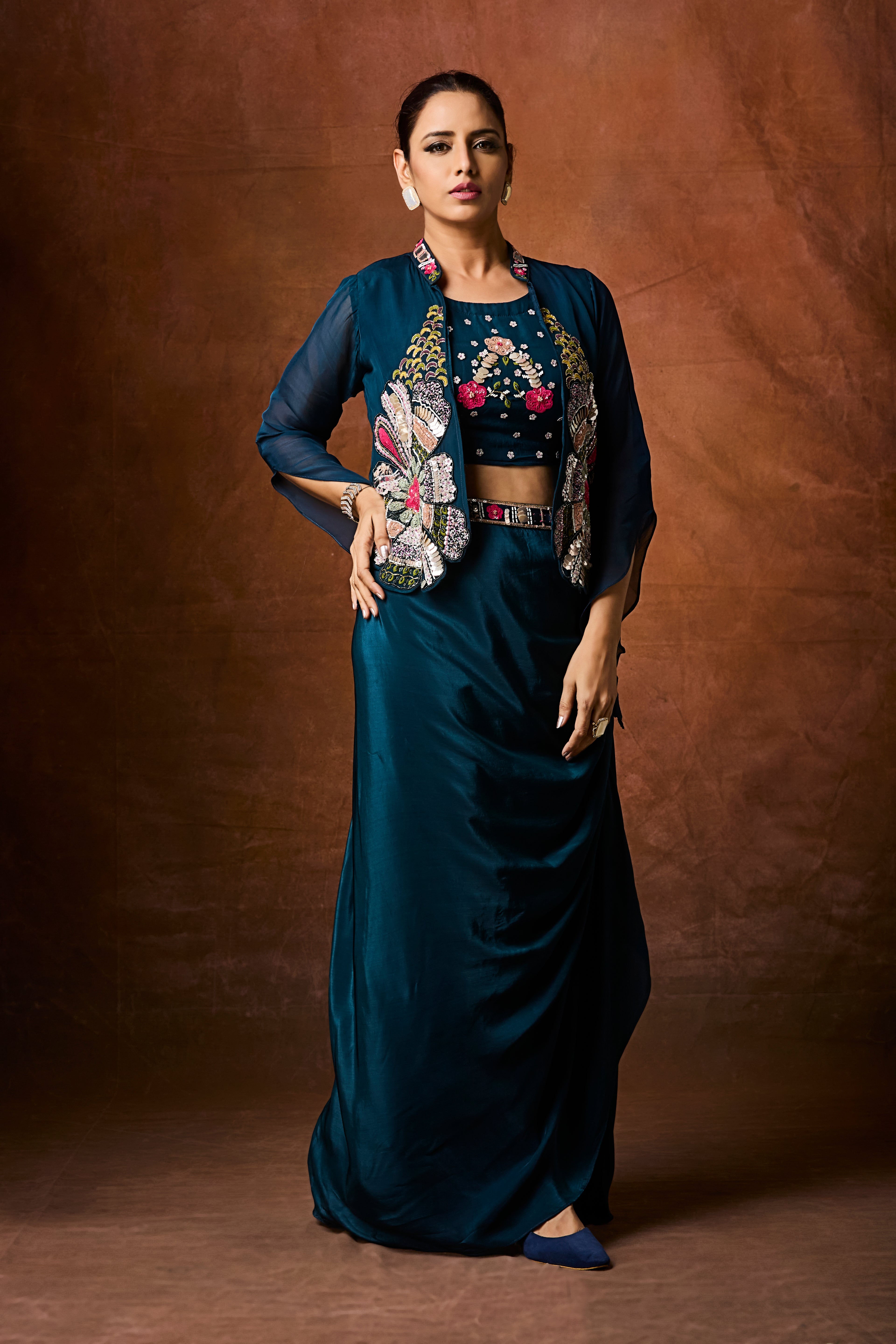 Teal Blue Embellished Crepe Silk Skirt Set