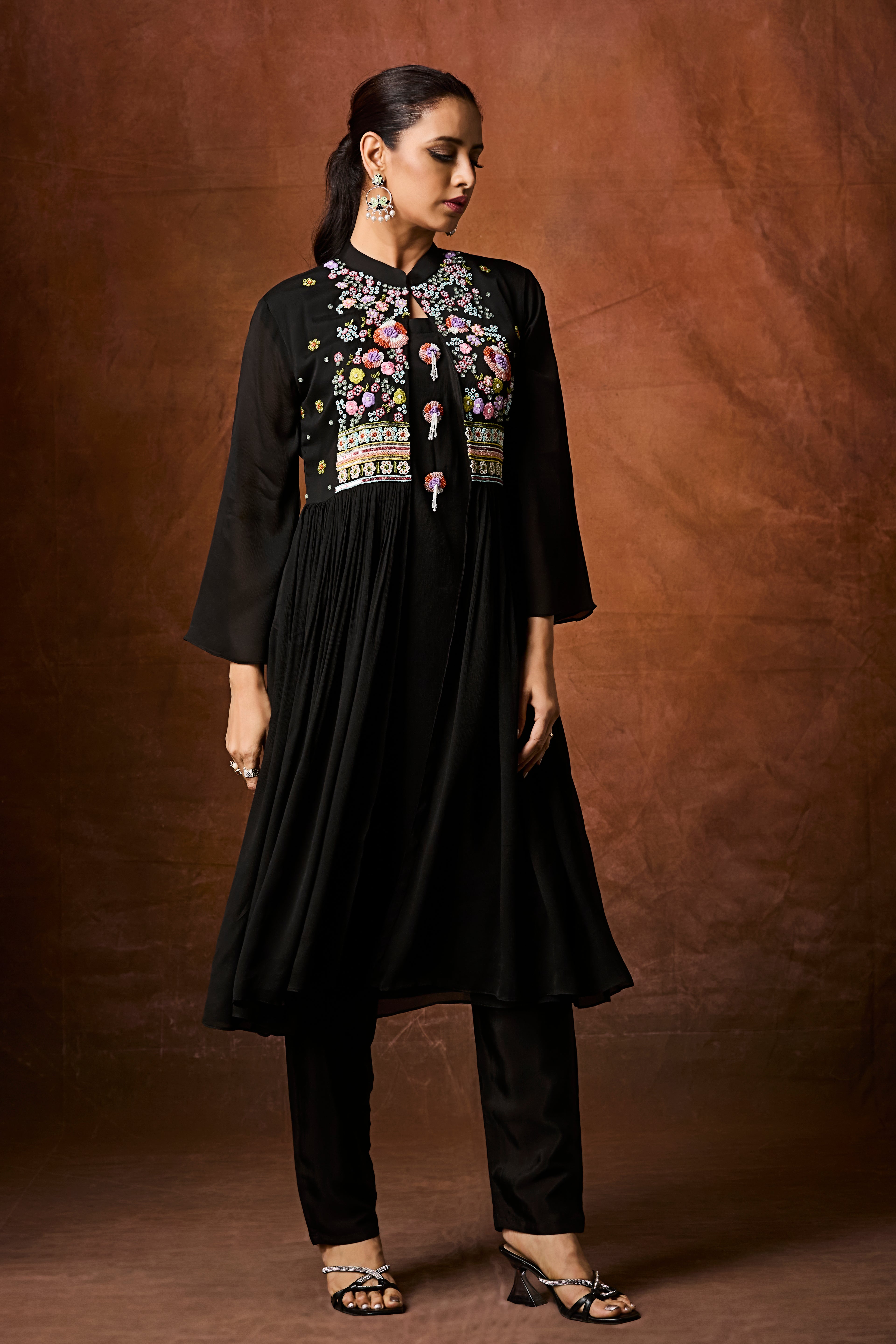 Jet Black Embellished Chinon Silk Anarkali Set