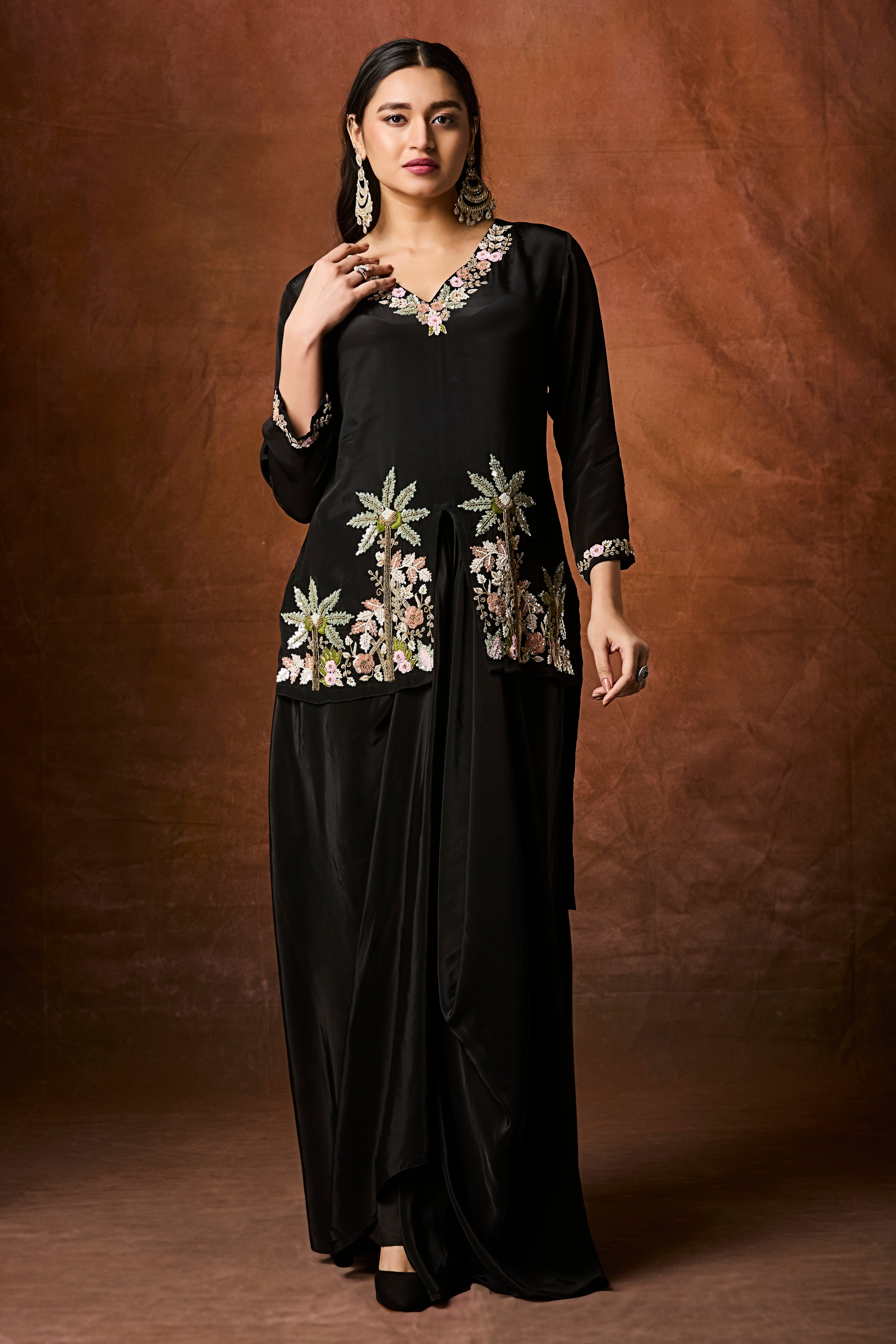 Rich Black Embellished Crepe Silk Skirt Set