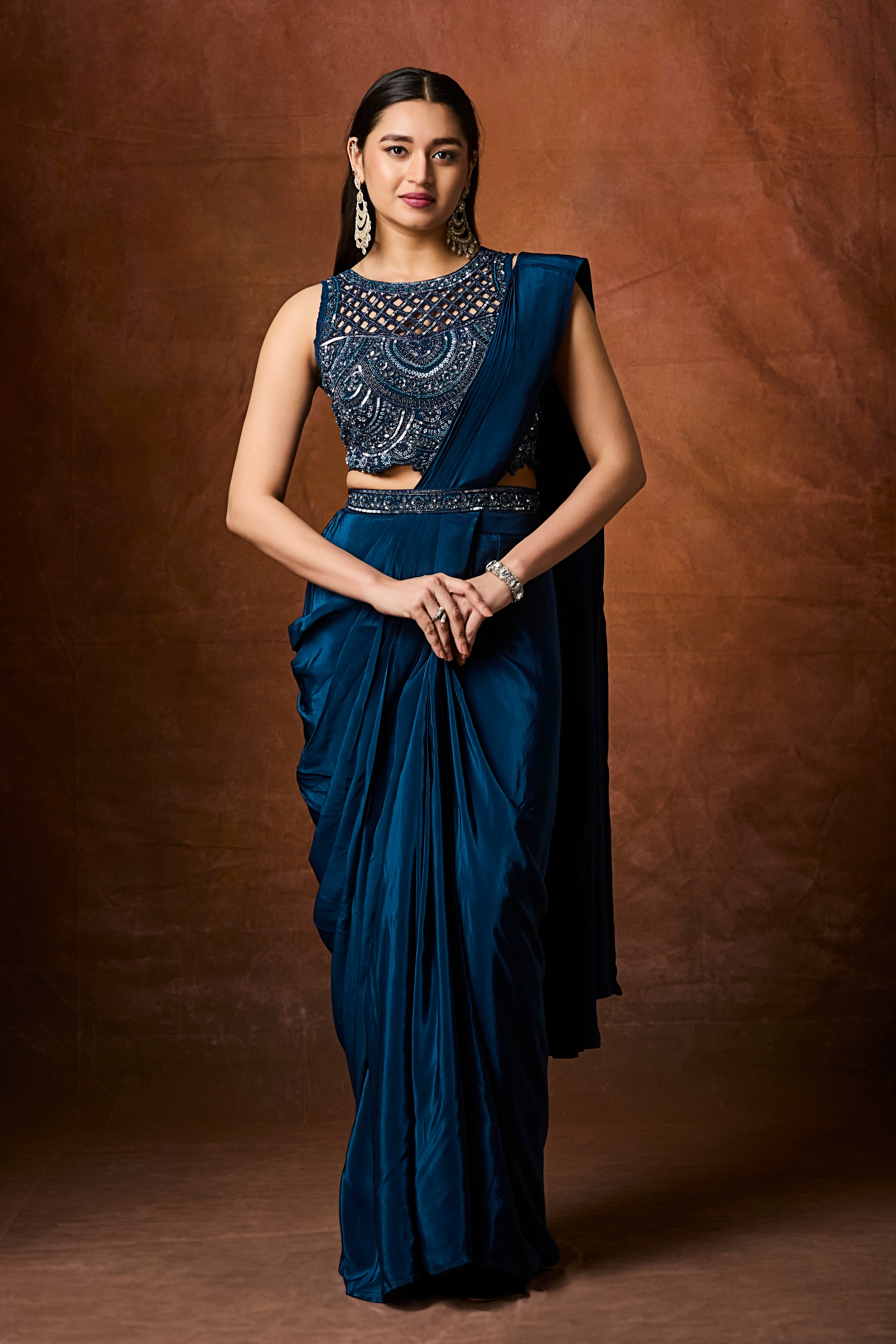 Jade Blue Embellished Crepe Silk Drape Saree