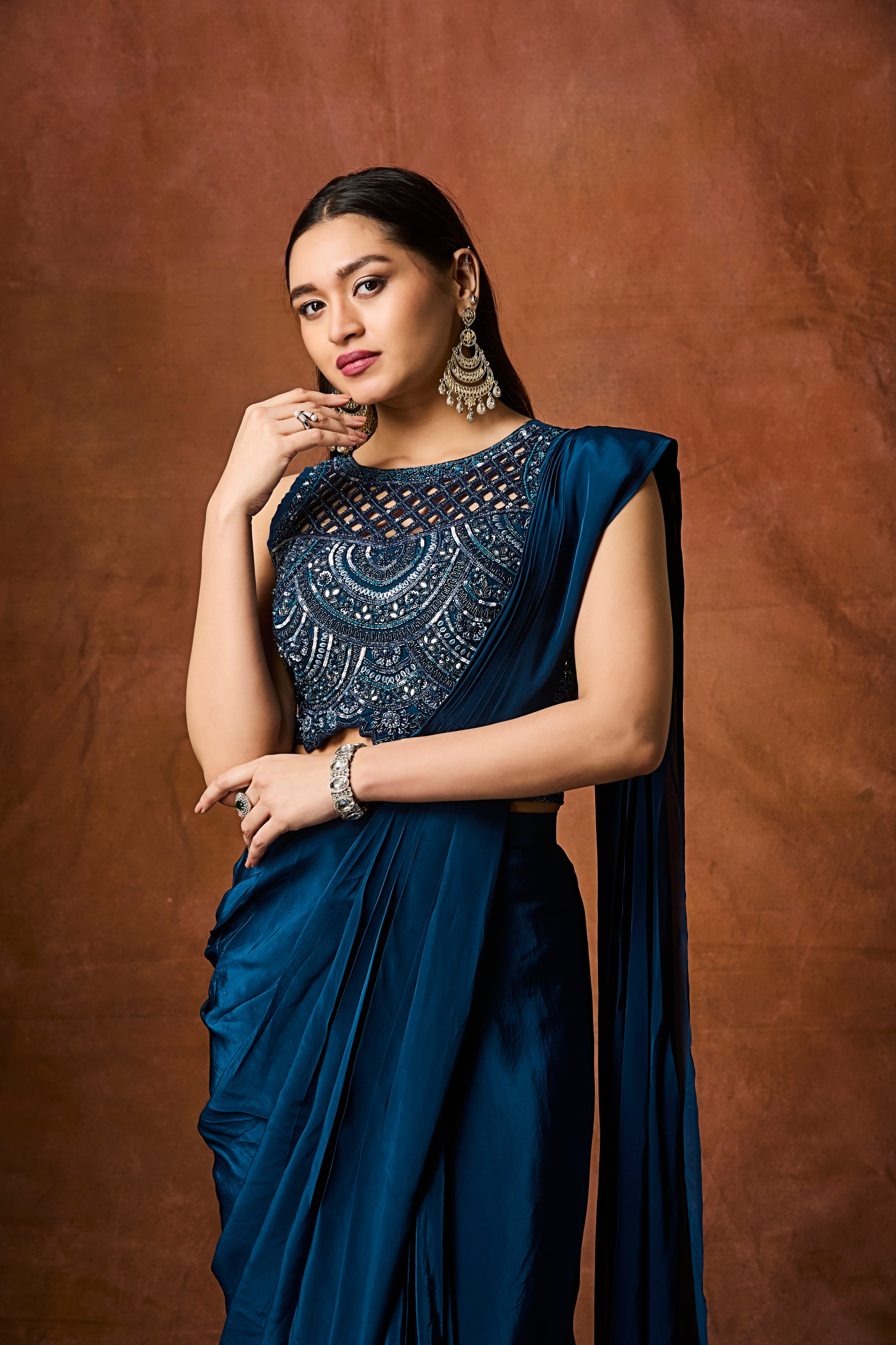 Jade Blue Embellished Crepe Silk Drape Saree