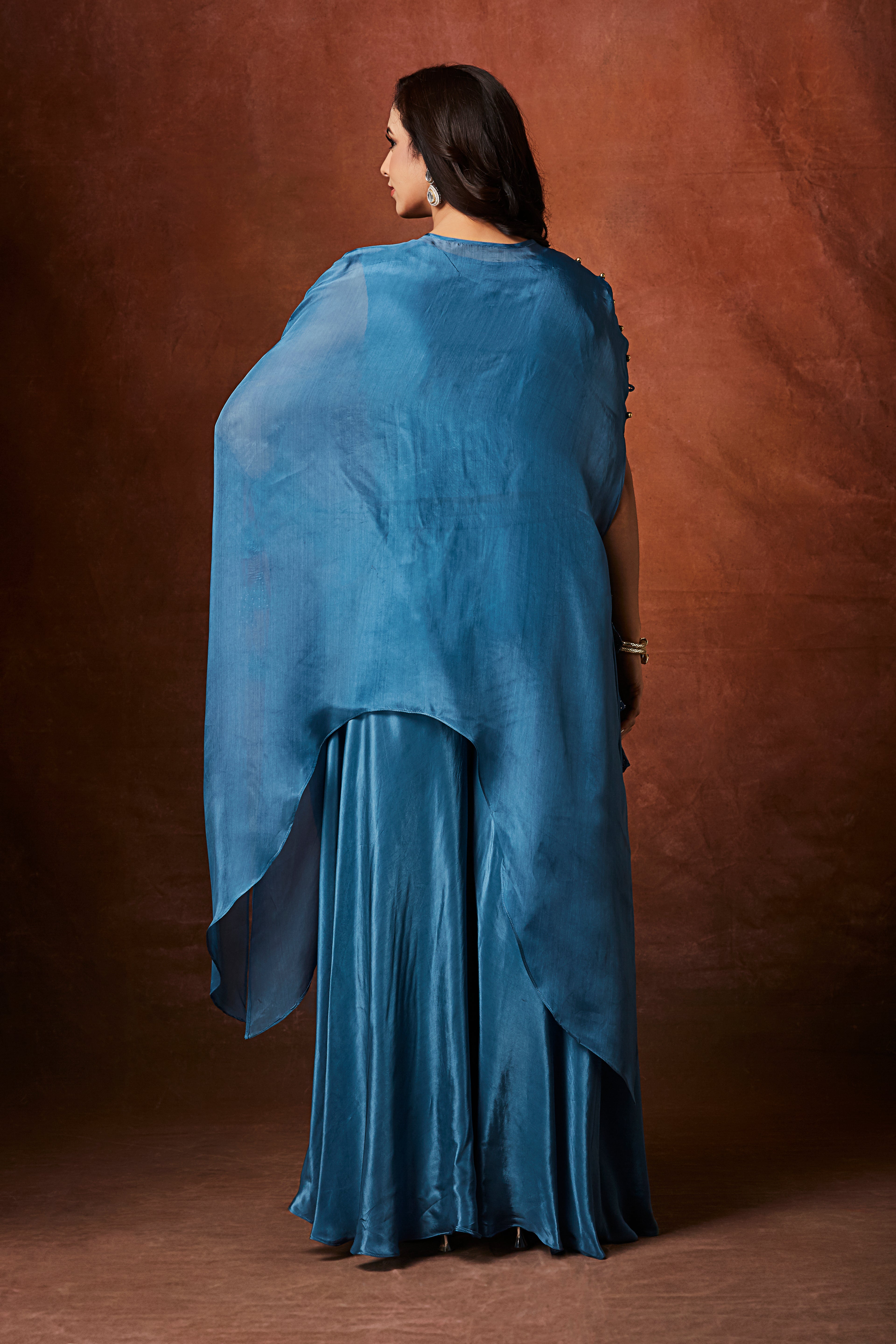 Dusty Blue Embellished Organza Silk Kaftan Set