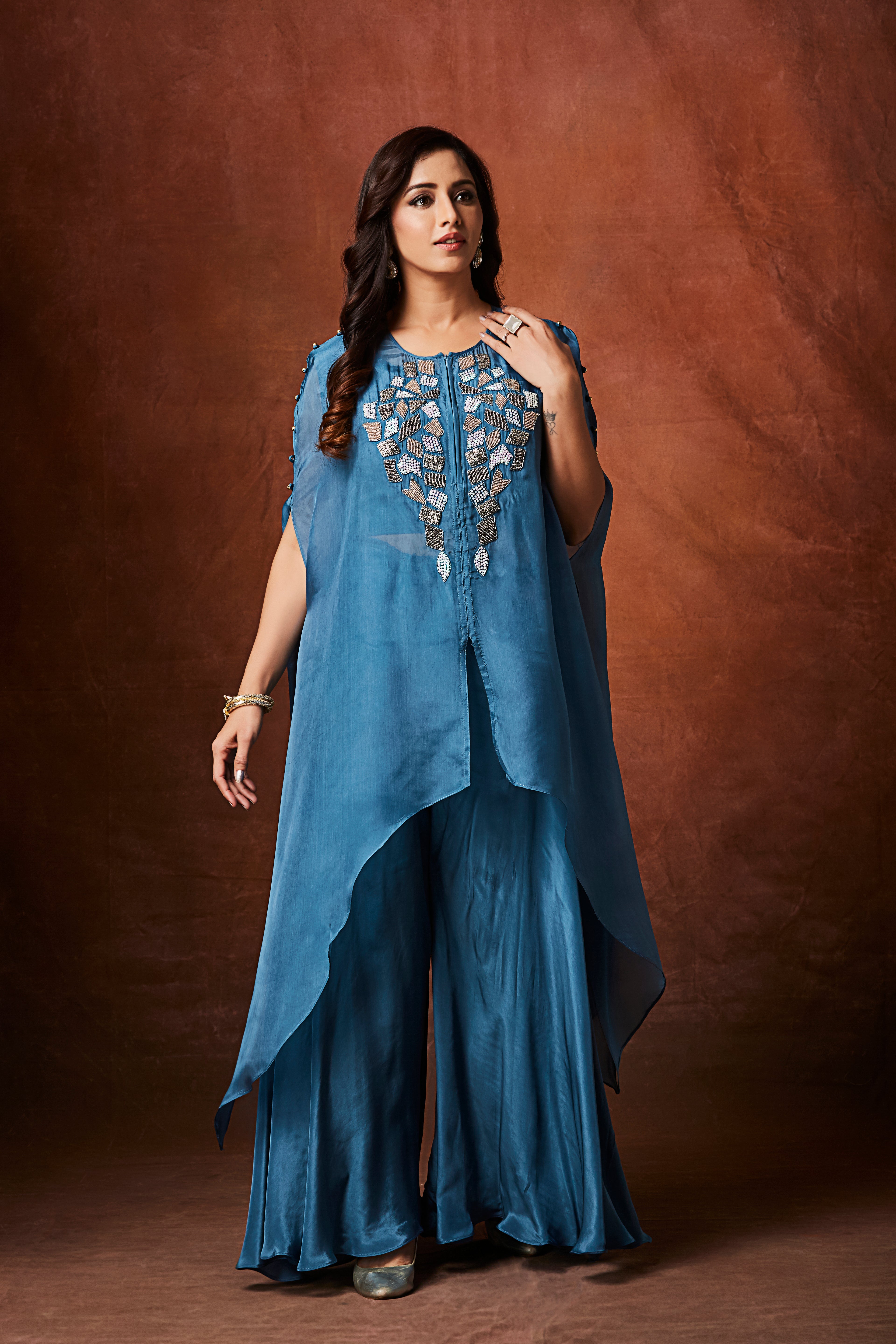 Dusty Blue Embellished Organza Silk Kaftan Set