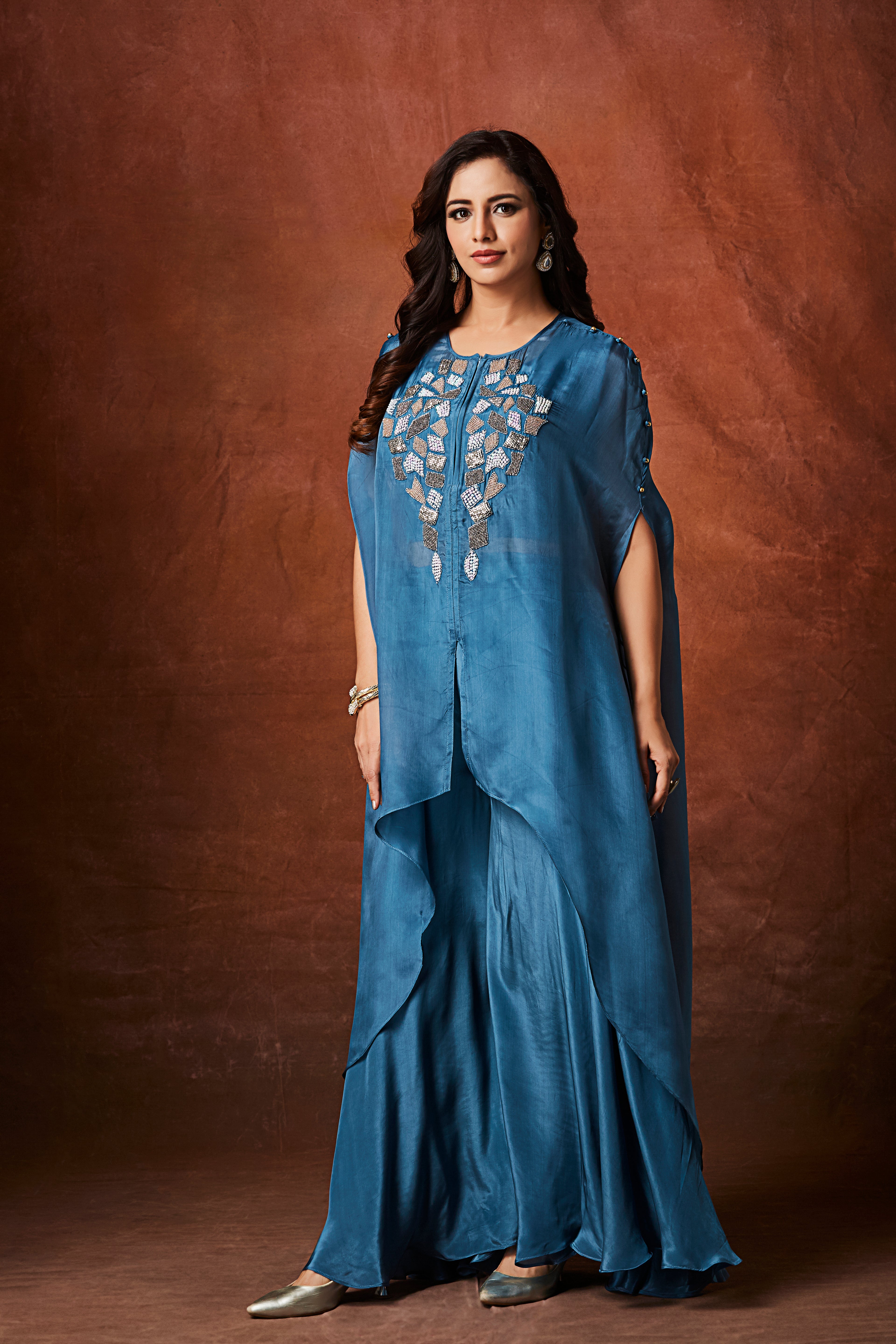 Dusty Blue Embellished Organza Silk Kaftan Set