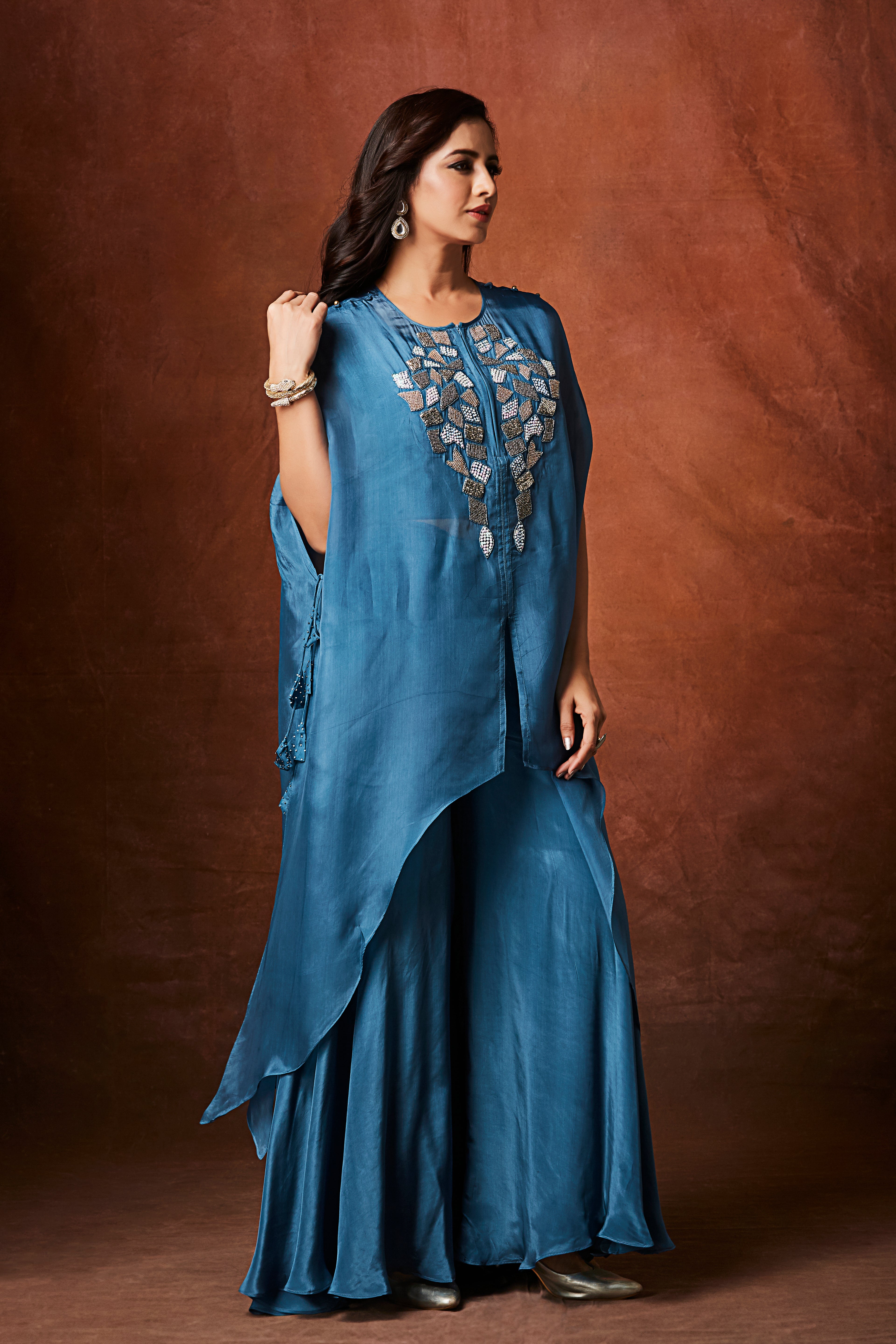 Dusty Blue Embellished Organza Silk Kaftan Set