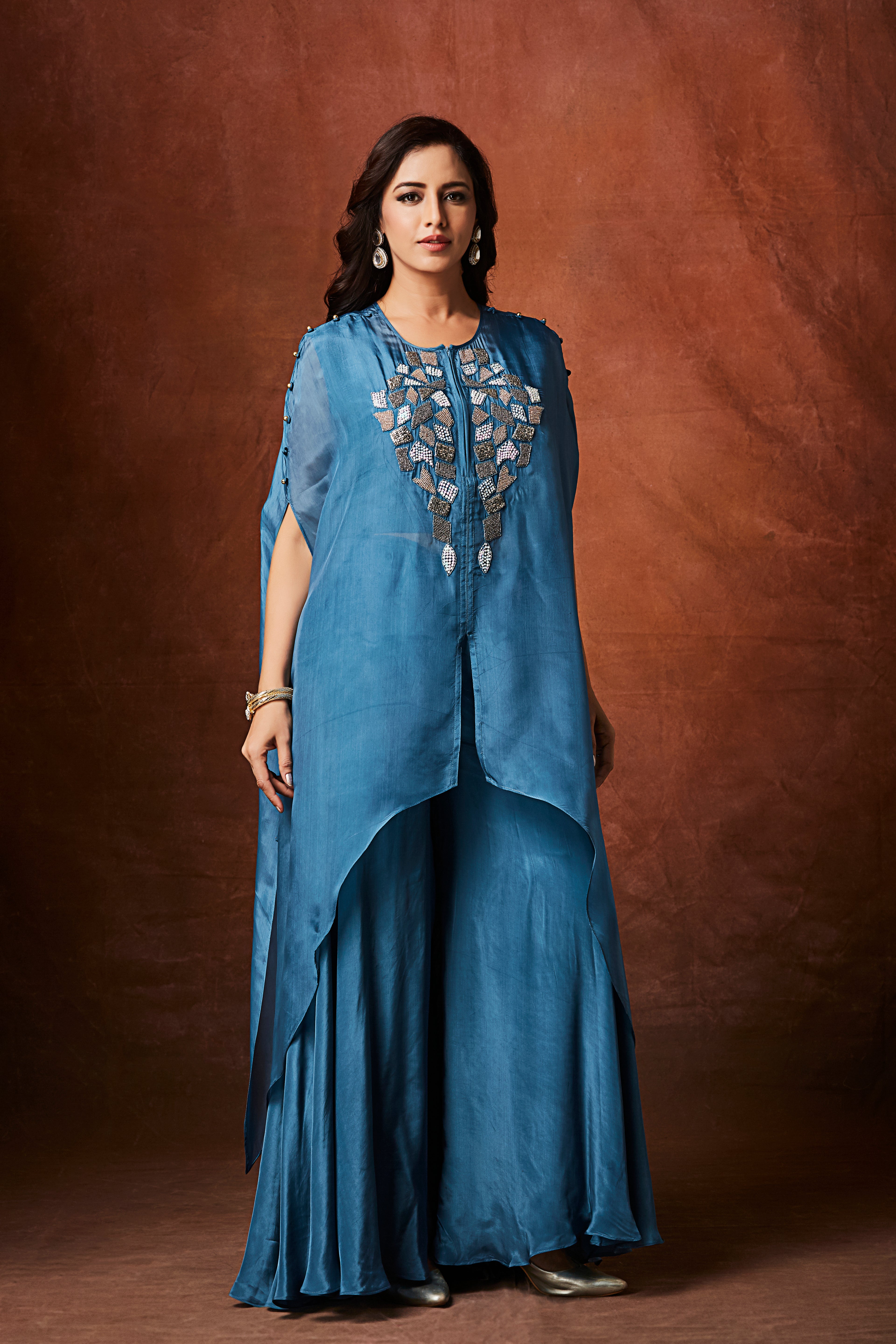 Dusty Blue Embellished Organza Silk Kaftan Set