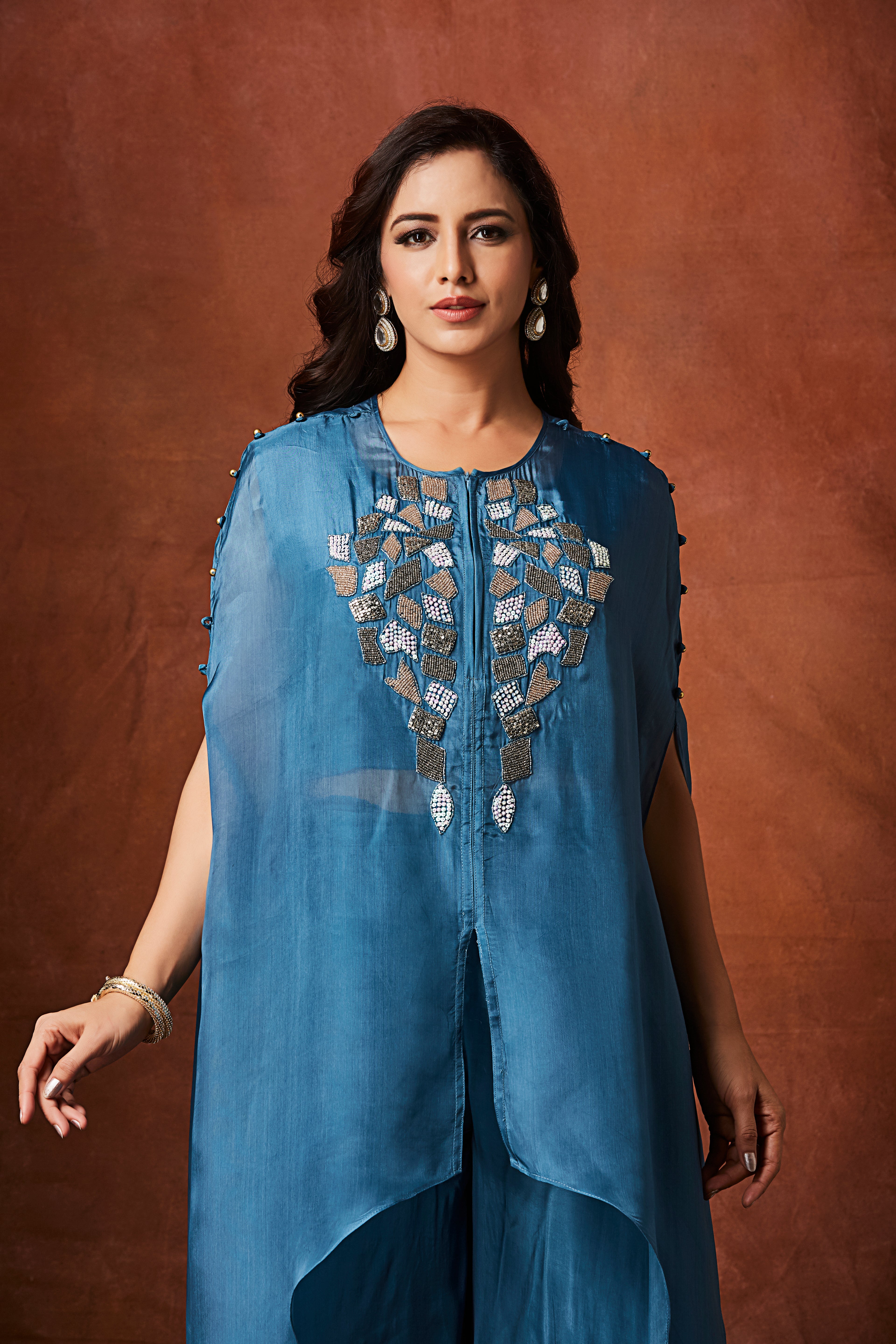 Dusty Blue Embellished Organza Silk Kaftan Set