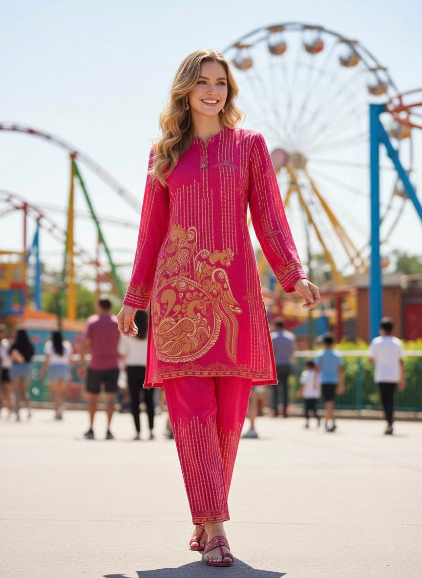 Magenta Pink Royal Motif Satin Silk Co-ord Set